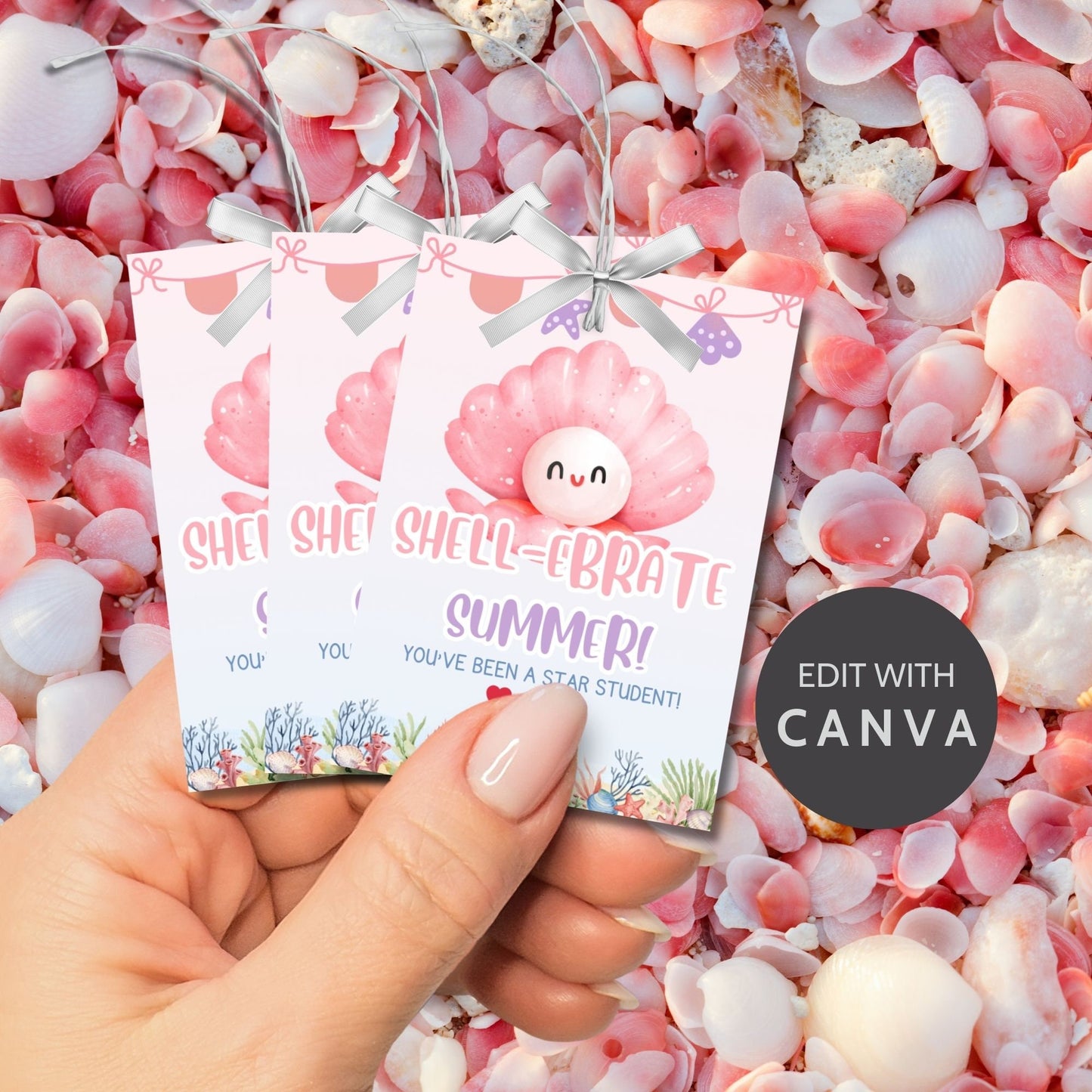 Whimsical summer gift tags featuring a cute seashell and starfish design with the text Shell-ebrate Summer! You've Been a Star Student! Personalize with names.