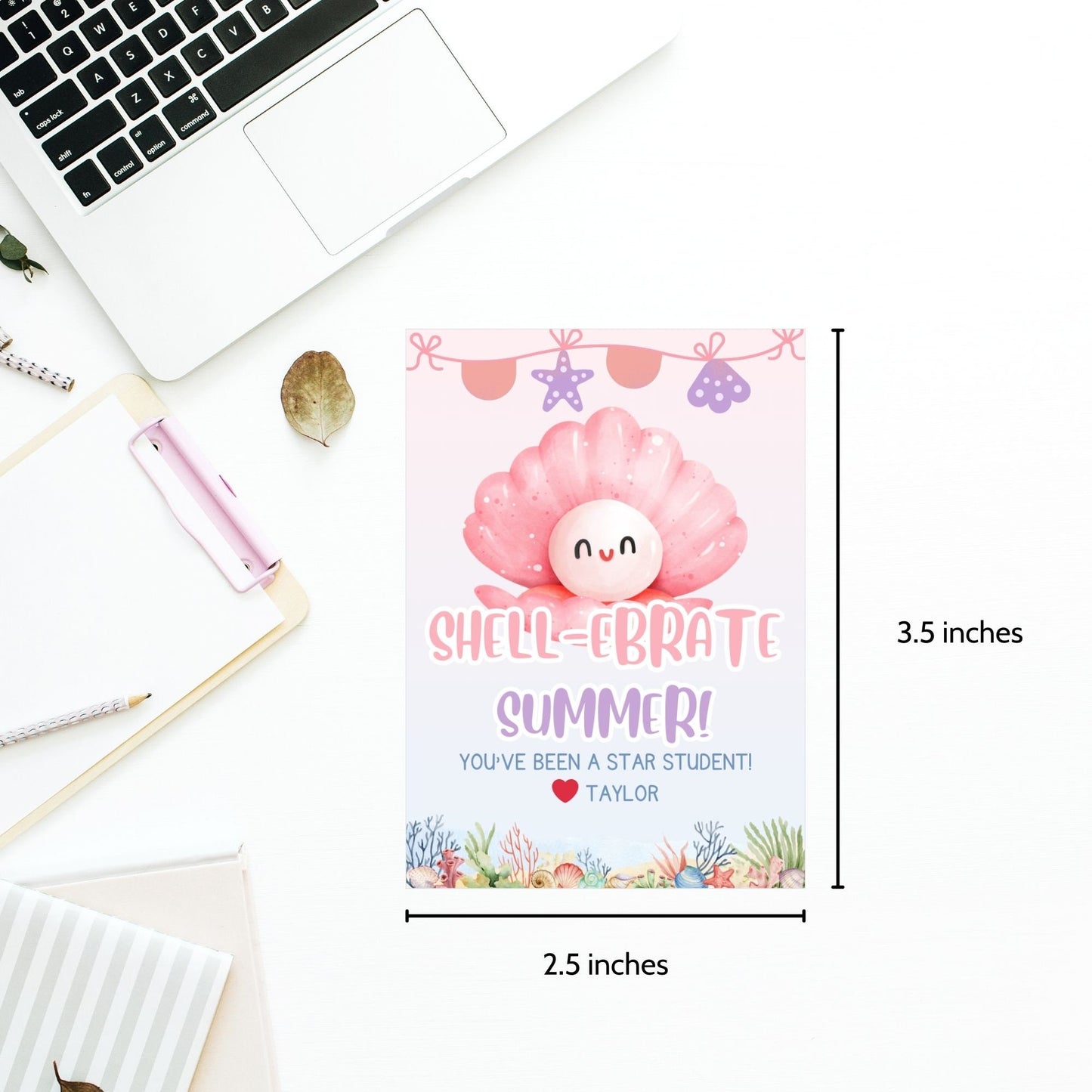 Whimsical summer gift tags featuring a cute seashell and starfish design with the text Shell-ebrate Summer! You've Been a Star Student! Personalize with names.