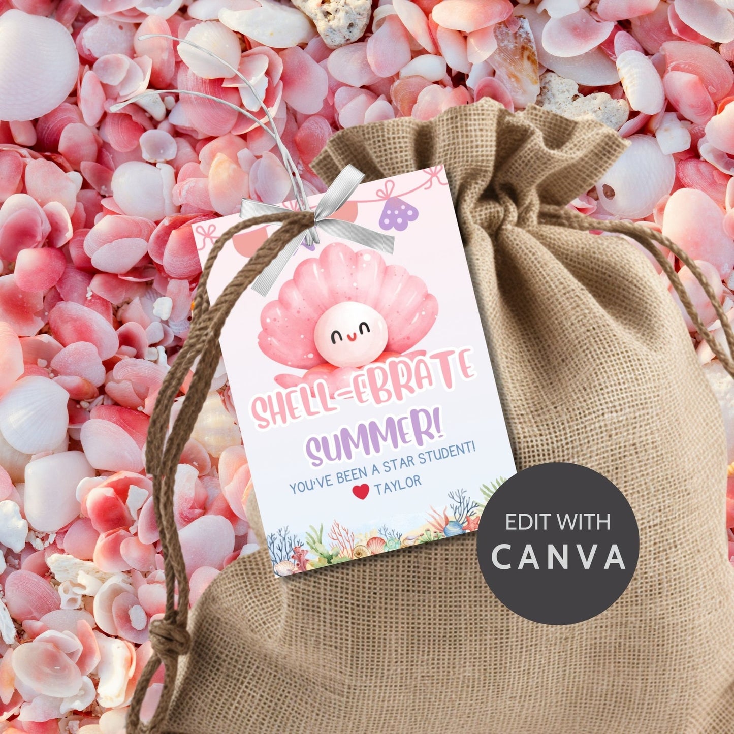 Whimsical summer gift tags featuring a cute seashell and starfish design with the text Shell-ebrate Summer! You've Been a Star Student! Personalize with names.