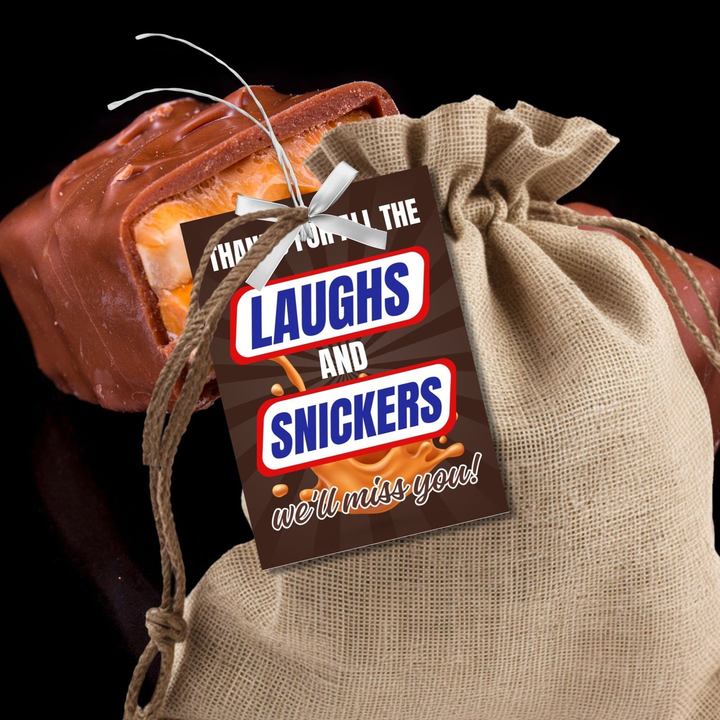 Farewell Snickers candy tags reading Thanks for all the laughs and Snickers, well miss you, perfect for teachers, staff, employees, bus drivers. Printable and editable for personalized goodbyes. Download and print for heartfelt appreciation gifts.