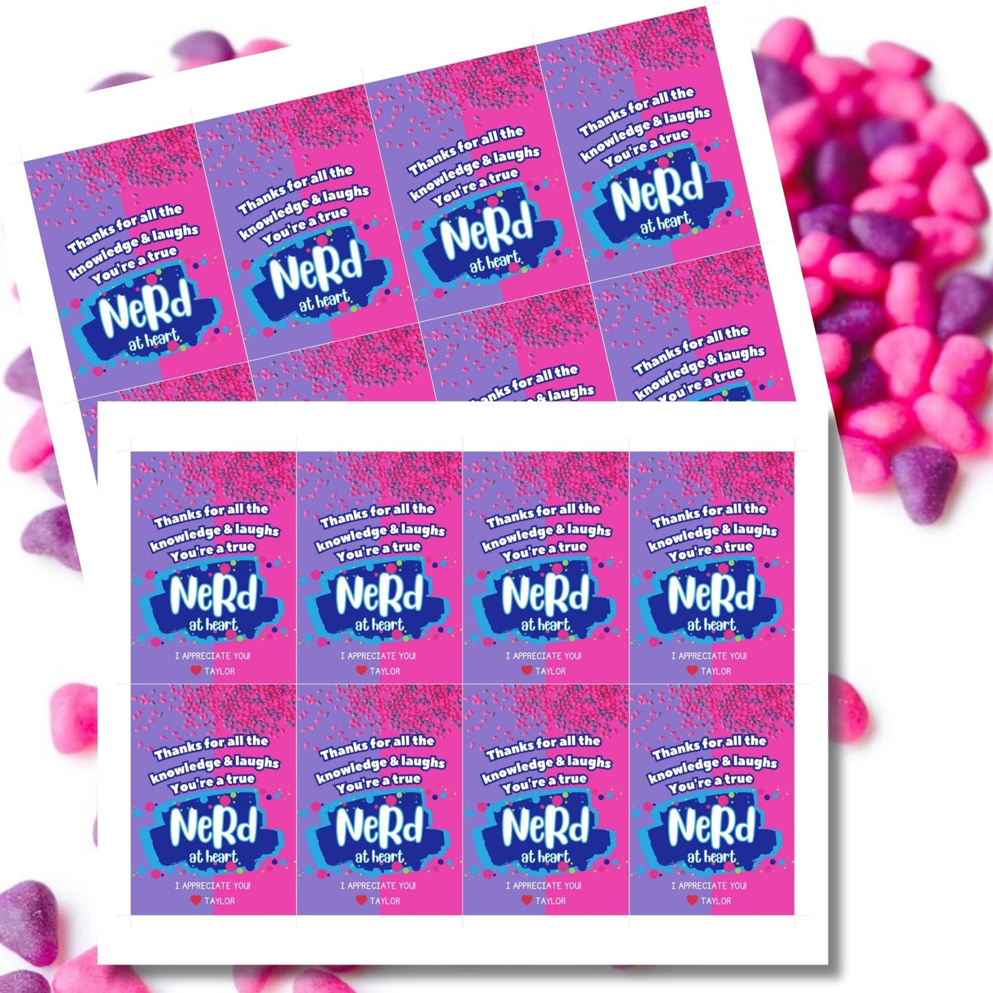 Farewell Nerds candy tags reading Thanks for all the knowledge and laughs. Youre a true Nerd at heart, perfect for teachers, staff, employees, bus drivers. Printable and editable for personalized goodbyes.