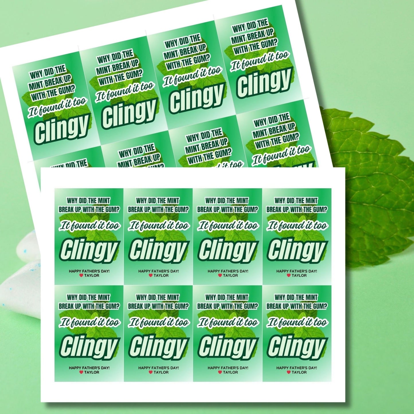 Why Did the Mint Break Up With the Gum? Father's Day gift tags with a green design. Features a joke about mint finding gum too clingy, with a customizable name field. Includes a ready-to-print PDF and an editable Canva template.