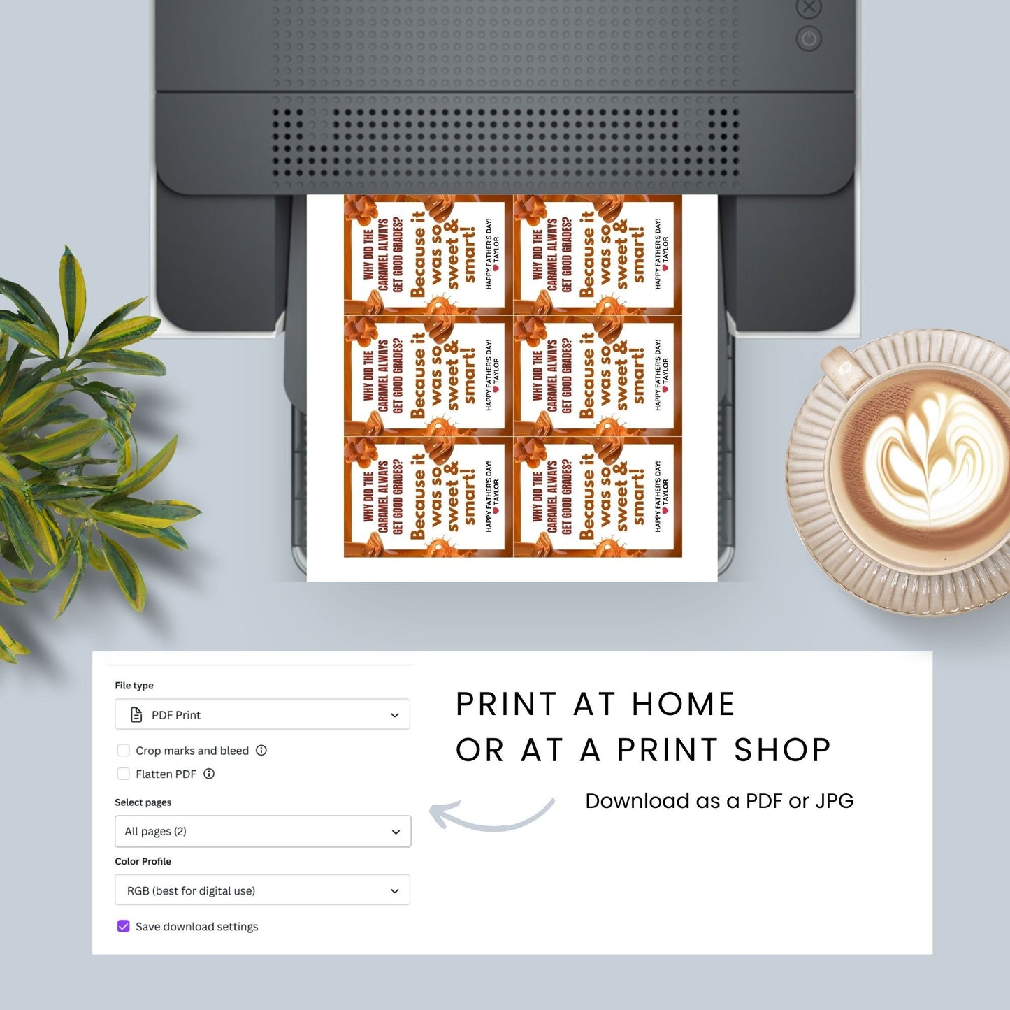 Why Did the Caramel Always Get Good Grades? Fathers Day gift tags with a caramel-themed design. Features a joke about caramel being sweet and smart, with a customizable name field. Available as a printable PDF and an editable Canva template.