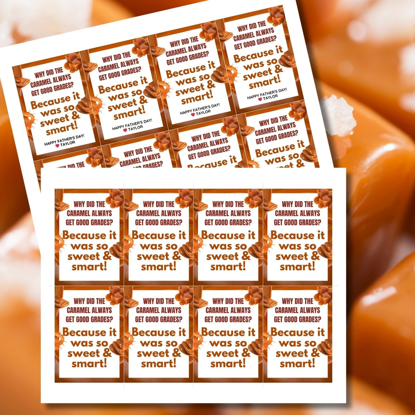 Why Did the Caramel Always Get Good Grades? Fathers Day gift tags with a caramel-themed design. Features a joke about caramel being sweet and smart, with a customizable name field. Available as a printable PDF and an editable Canva template.