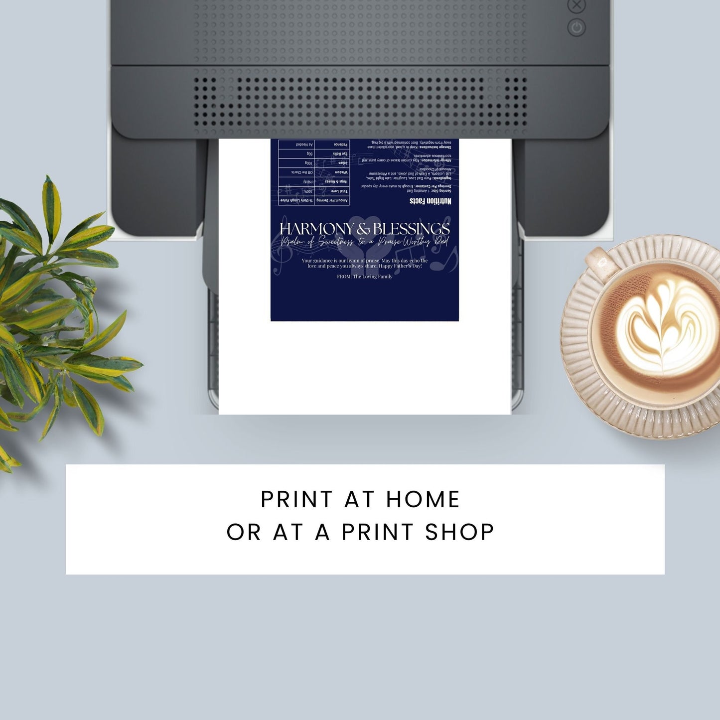 Image of a printable Fathers Day chocolate bar wrapper titled HARMONY & BLESSINGS, featuring a blue background with musical notes, and a message honoring a Praise-Worthy Dad.