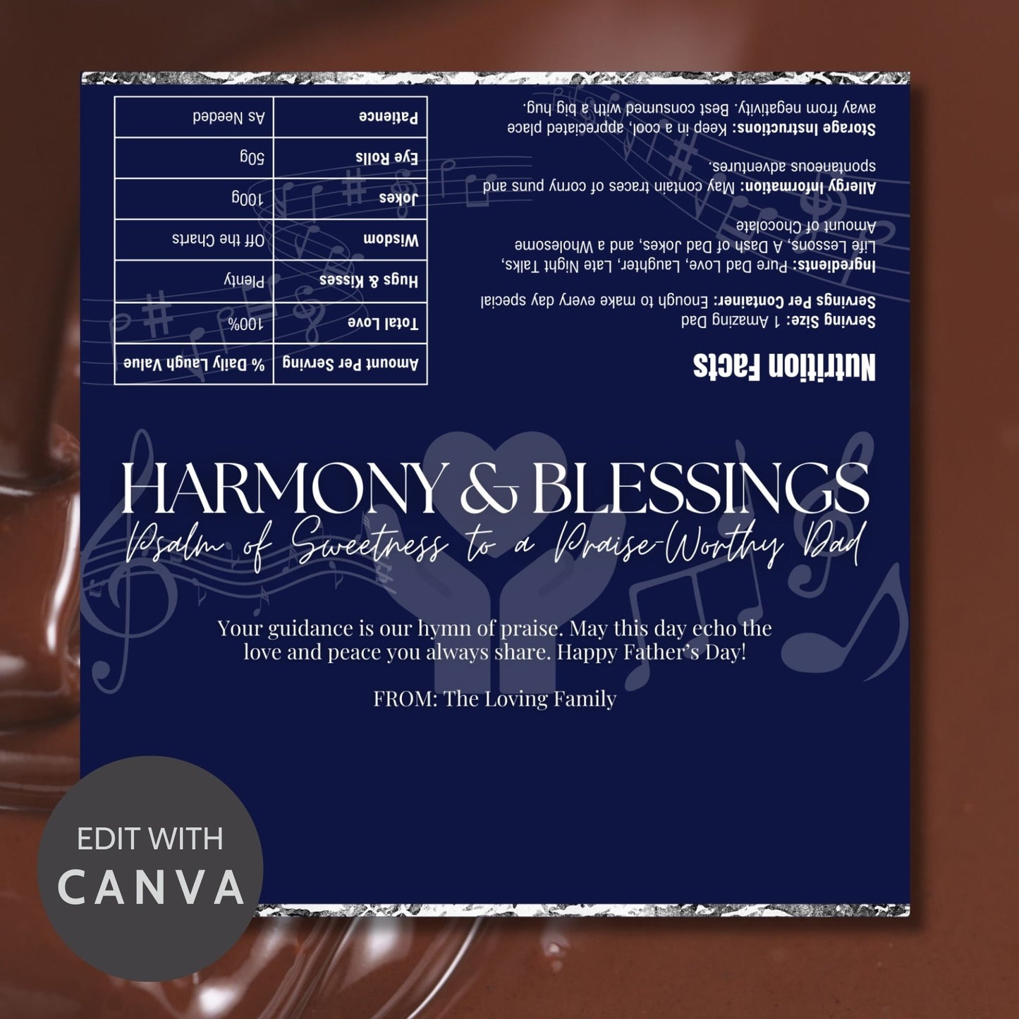 Image of a printable Fathers Day chocolate bar wrapper titled HARMONY & BLESSINGS, featuring a blue background with musical notes, and a message honoring a Praise-Worthy Dad.