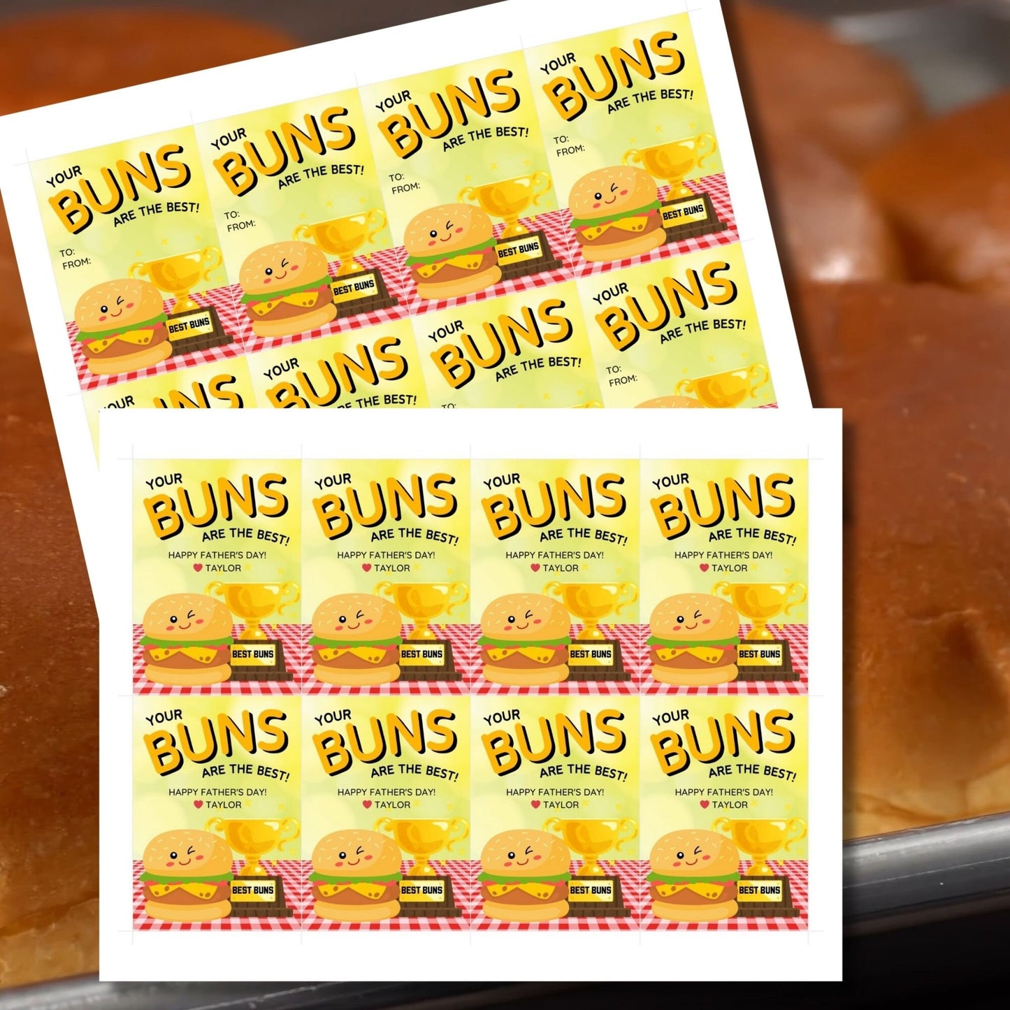 Eight buns-themed Fathers Day gift tags displayed in two rows of four. Each tag features a message about dad having the best buns, with a customizable name slot.