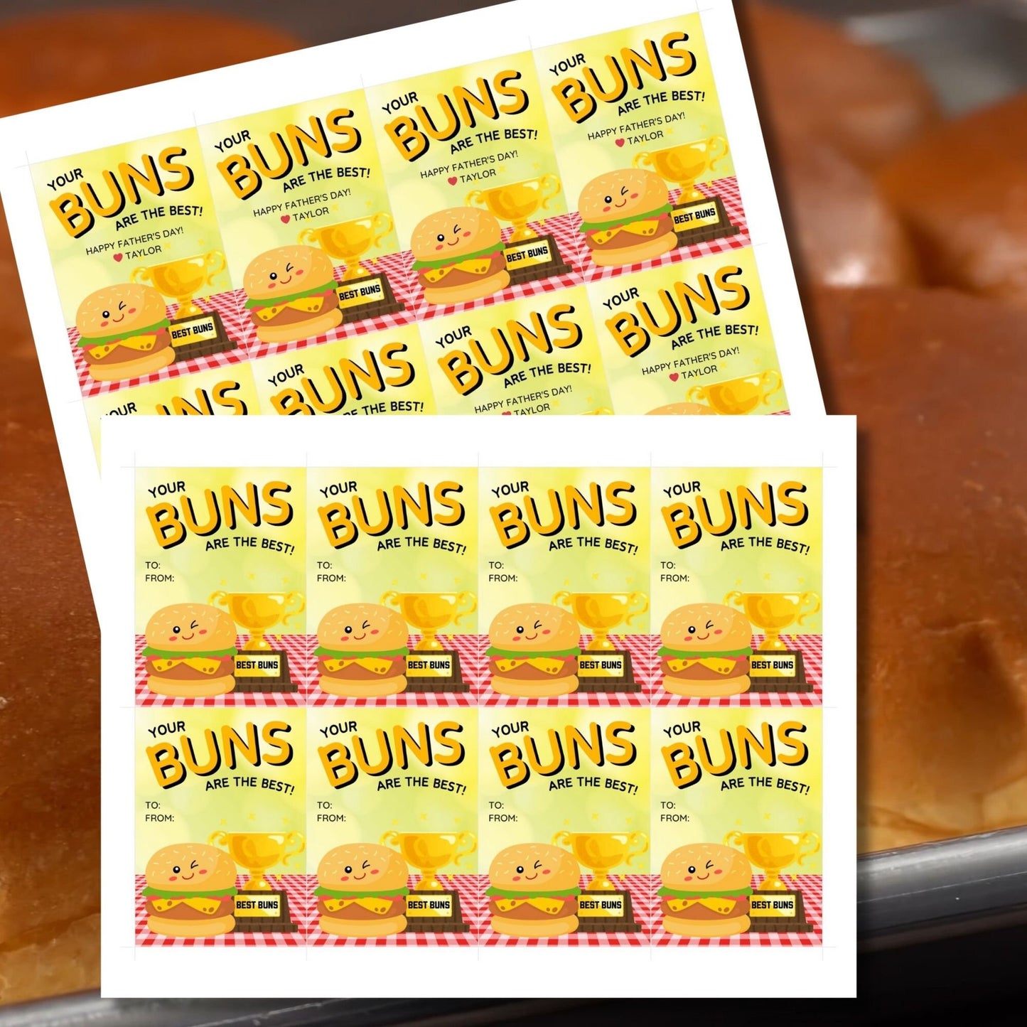Eight buns-themed Fathers Day gift tags displayed in two rows of four. Each tag features a message about dad having the best buns, with a customizable name slot.