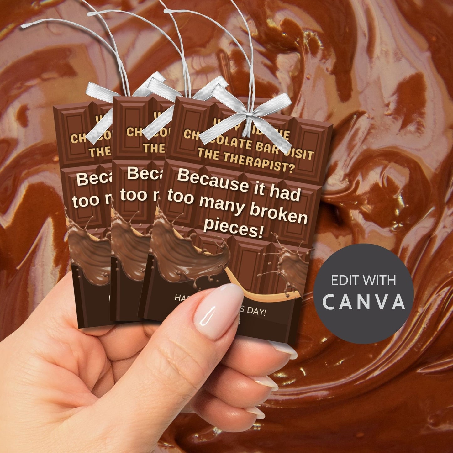Eight chocolate bar themed Fathers Day gift tags displayed in two rows of four. Each tag features a dad joke about a chocolate bar needing therapy due to too many broken pieces, with a customizable name slot.