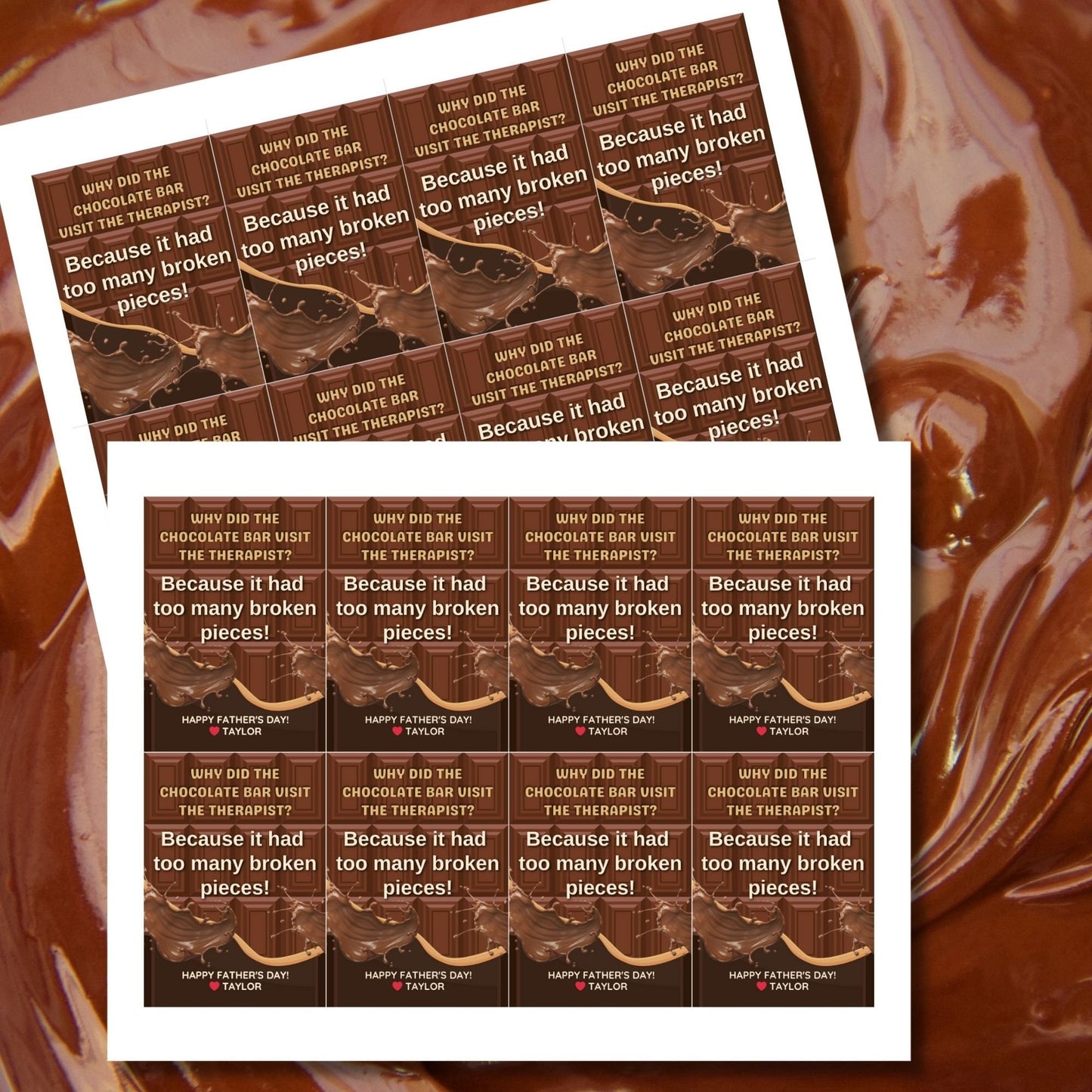 Eight chocolate bar themed Fathers Day gift tags displayed in two rows of four. Each tag features a dad joke about a chocolate bar needing therapy due to too many broken pieces, with a customizable name slot.