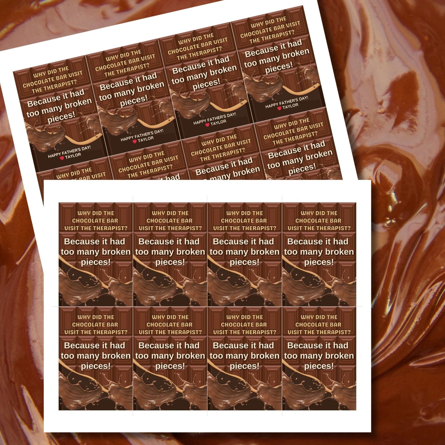 Eight chocolate bar themed Fathers Day gift tags displayed in two rows of four. Each tag features a dad joke about a chocolate bar needing therapy due to too many broken pieces, with a customizable name slot.