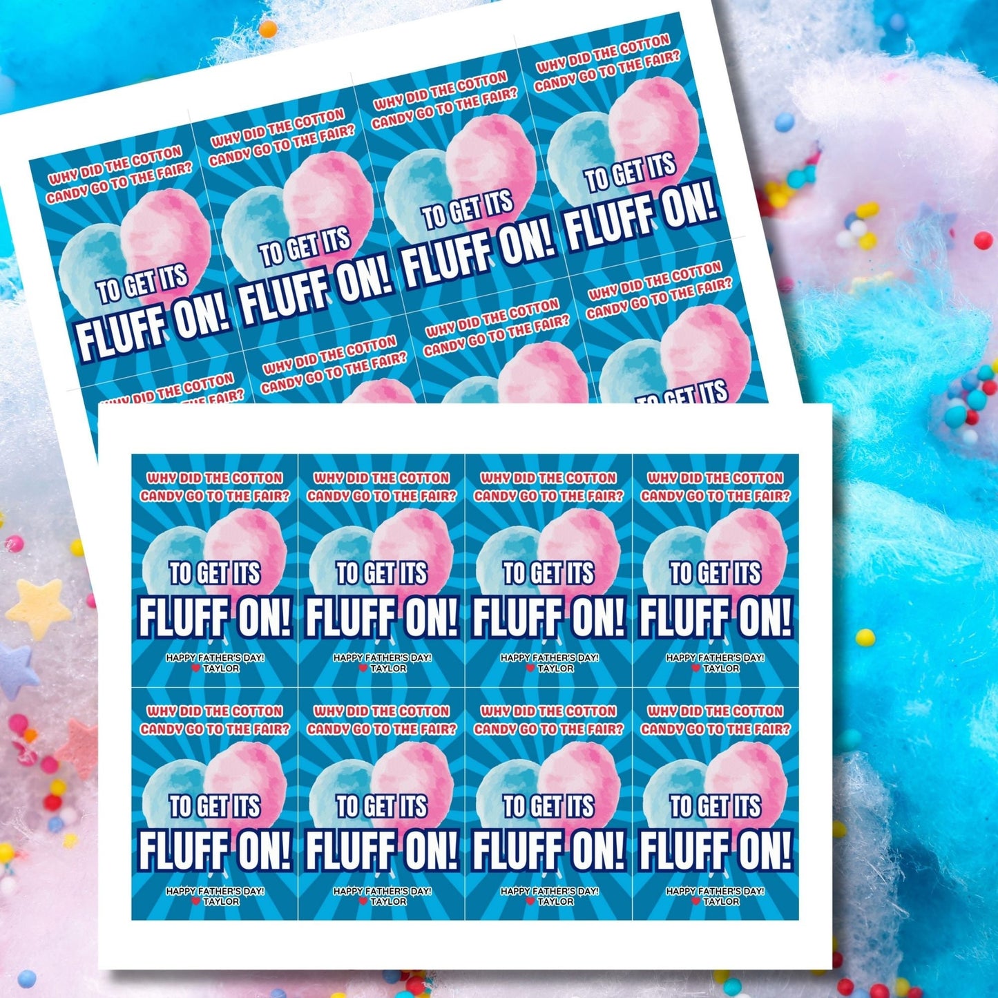 Eight cotton candy-themed Father's Day gift tags displayed in two rows of four. Each tag features a dad joke about cotton candy going to the fair to "get its fluff on," with a customizable name slot.