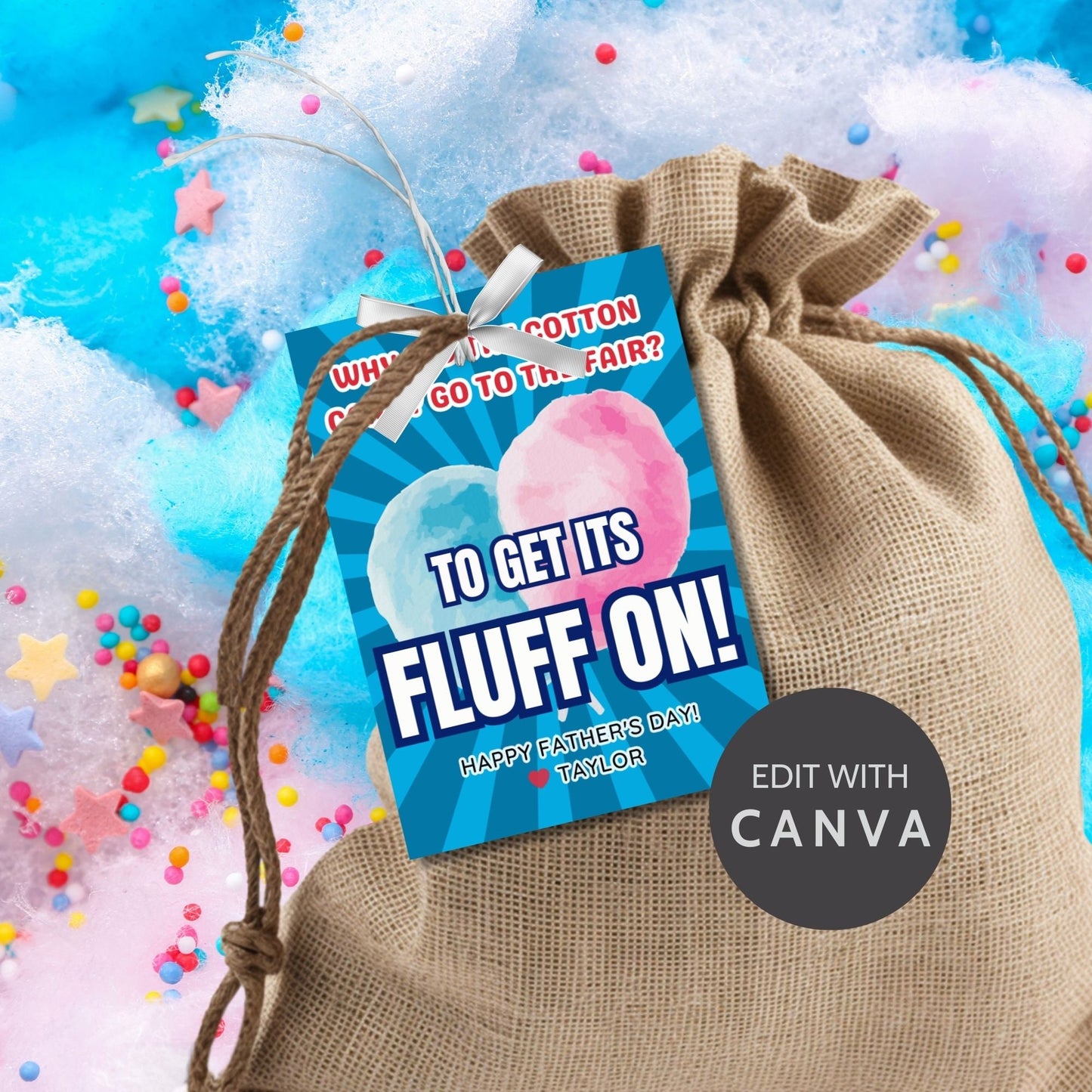 Eight cotton candy-themed Father's Day gift tags displayed in two rows of four. Each tag features a dad joke about cotton candy going to the fair to "get its fluff on," with a customizable name slot.