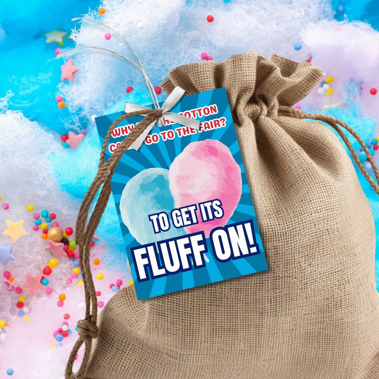 Eight cotton candy-themed Father's Day gift tags displayed in two rows of four. Each tag features a dad joke about cotton candy going to the fair to "get its fluff on," with a customizable name slot.