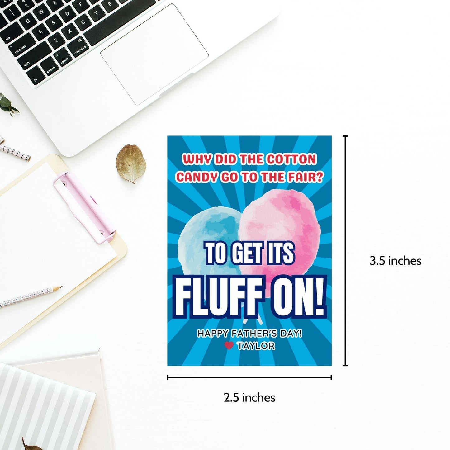 Eight cotton candy-themed Father's Day gift tags displayed in two rows of four. Each tag features a dad joke about cotton candy going to the fair to "get its fluff on," with a customizable name slot.
