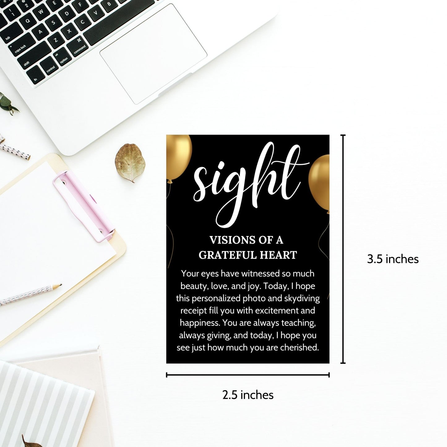 Elegant black and gold 5 Senses Birthday Gift Tags for teachers, nurses, employees, staff, bus drivers, and admin. Includes a PDF with an editable Canva template. Double-sided design with personalized descriptions and recipient's name.