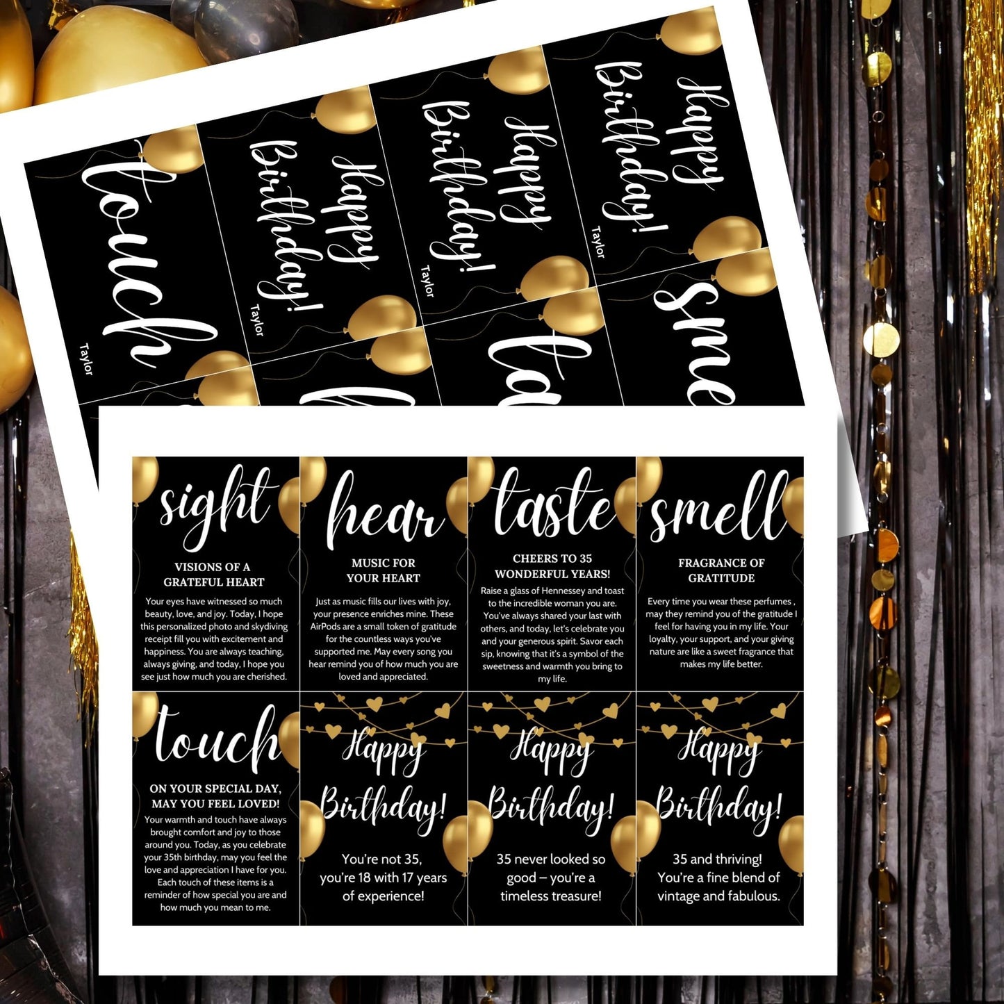 Elegant black and gold 5 Senses Birthday Gift Tags for teachers, nurses, employees, staff, bus drivers, and admin. Includes a PDF with an editable Canva template. Double-sided design with personalized descriptions and recipient's name.