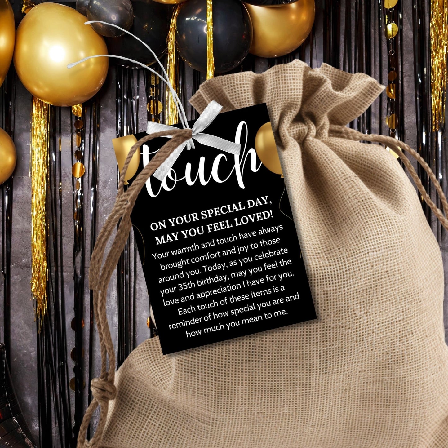 Elegant black and gold 5 Senses Birthday Gift Tags for teachers, nurses, employees, staff, bus drivers, and admin. Includes a PDF with an editable Canva template. Double-sided design with personalized descriptions and recipient's name.