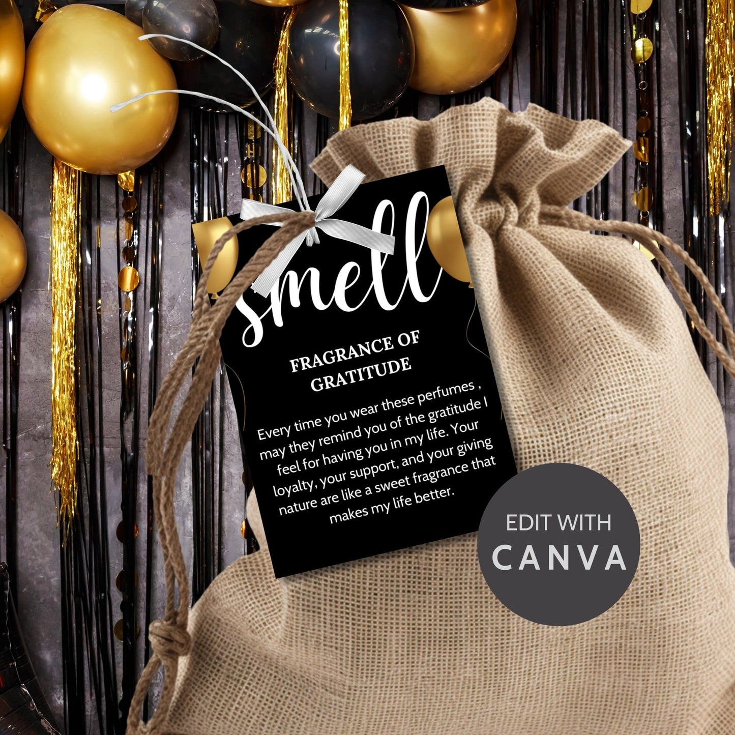 Elegant black and gold 5 Senses Birthday Gift Tags for teachers, nurses, employees, staff, bus drivers, and admin. Includes a PDF with an editable Canva template. Double-sided design with personalized descriptions and recipient's name.