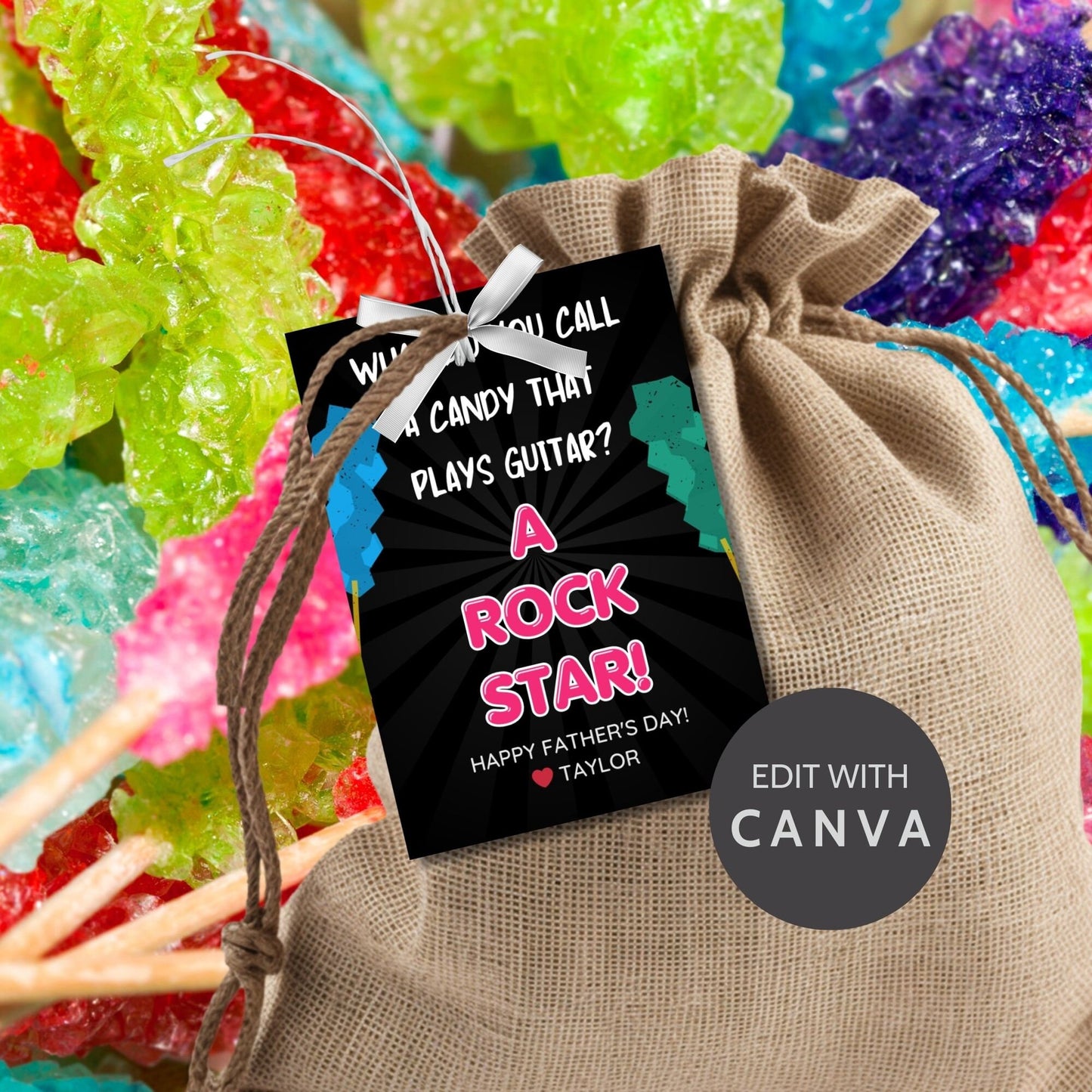 Eight guitar candy-themed Fathers Day gift tags displayed in two rows of four. Each tag features a dad joke about a candy that plays guitar being a rock star, with a customizable name slot.