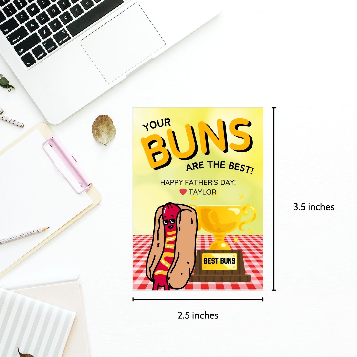Eight buns-themed Fathers Day gift tags displayed in two rows of four. Each tag features a message about dad having the best buns, with a customizable name slot and an illustration of a hot dog with a Best Buns trophy.