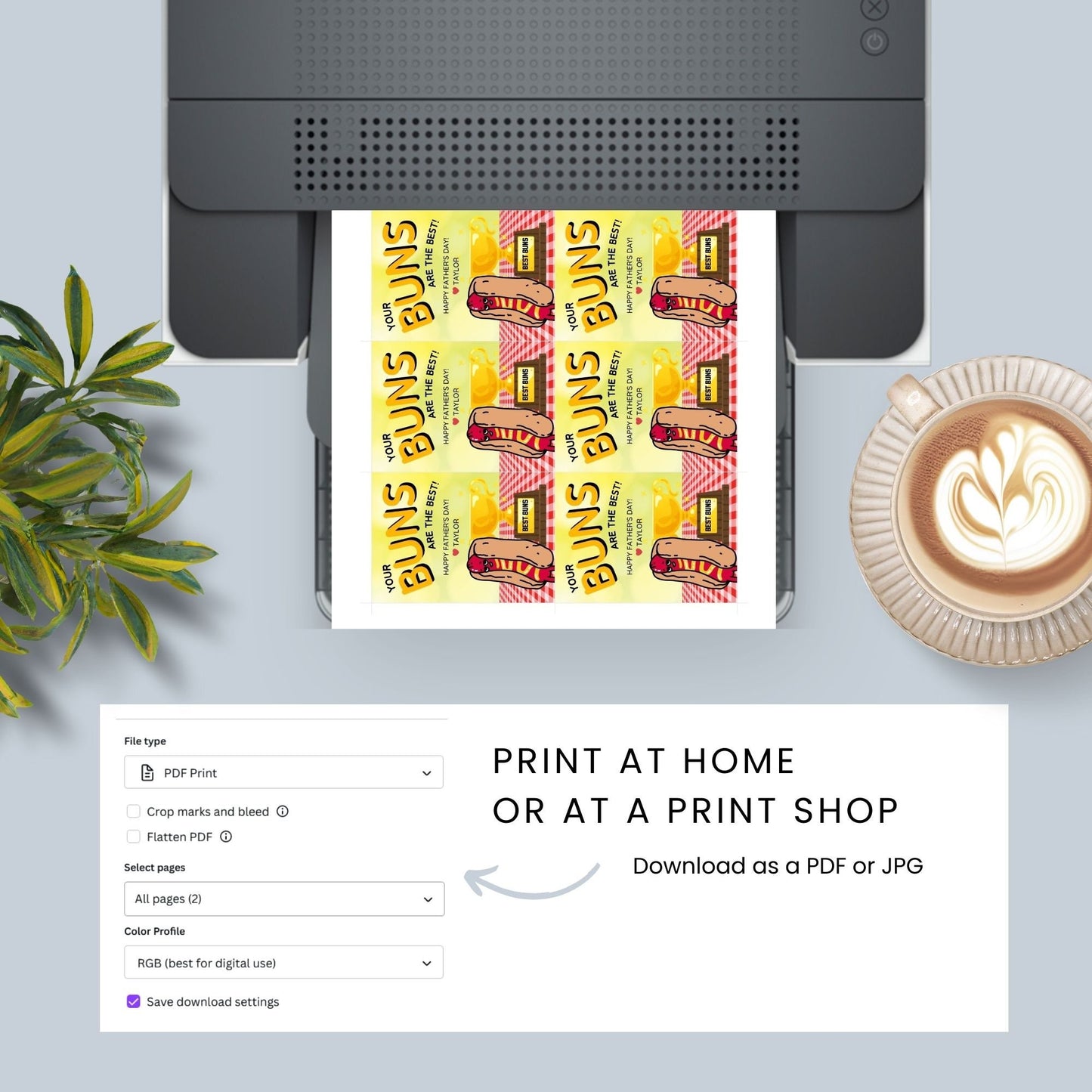 Eight buns-themed Fathers Day gift tags displayed in two rows of four. Each tag features a message about dad having the best buns, with a customizable name slot and an illustration of a hot dog with a Best Buns trophy.
