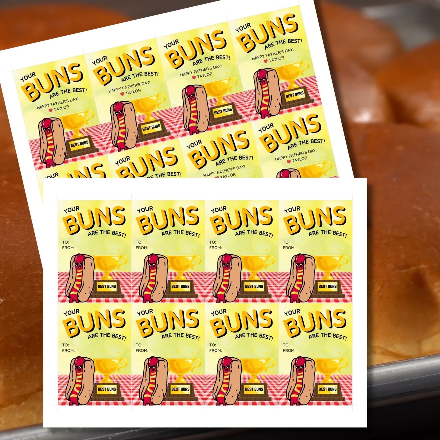 Eight buns-themed Fathers Day gift tags displayed in two rows of four. Each tag features a message about dad having the best buns, with a customizable name slot and an illustration of a hot dog with a Best Buns trophy.