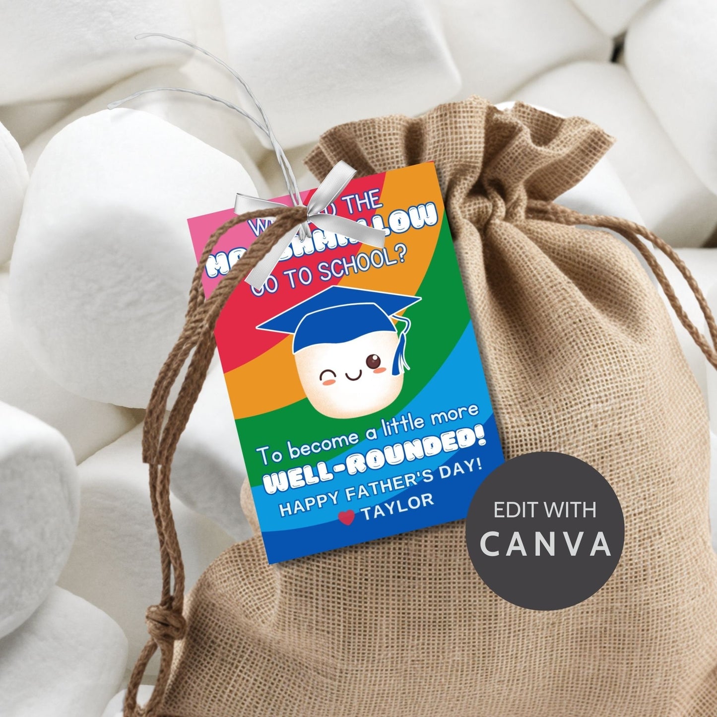 Eight marshmallow-themed Fathers Day gift tags displayed in two rows of four. Each tag features a dad joke about a marshmallow going to school to become more well-rounded, with a customizable name slot.
