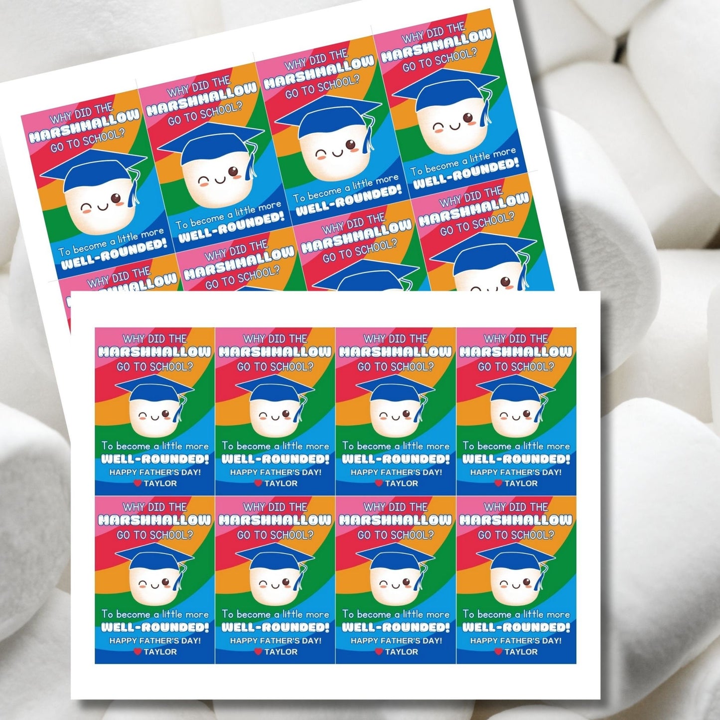 Eight marshmallow-themed Fathers Day gift tags displayed in two rows of four. Each tag features a dad joke about a marshmallow going to school to become more well-rounded, with a customizable name slot.