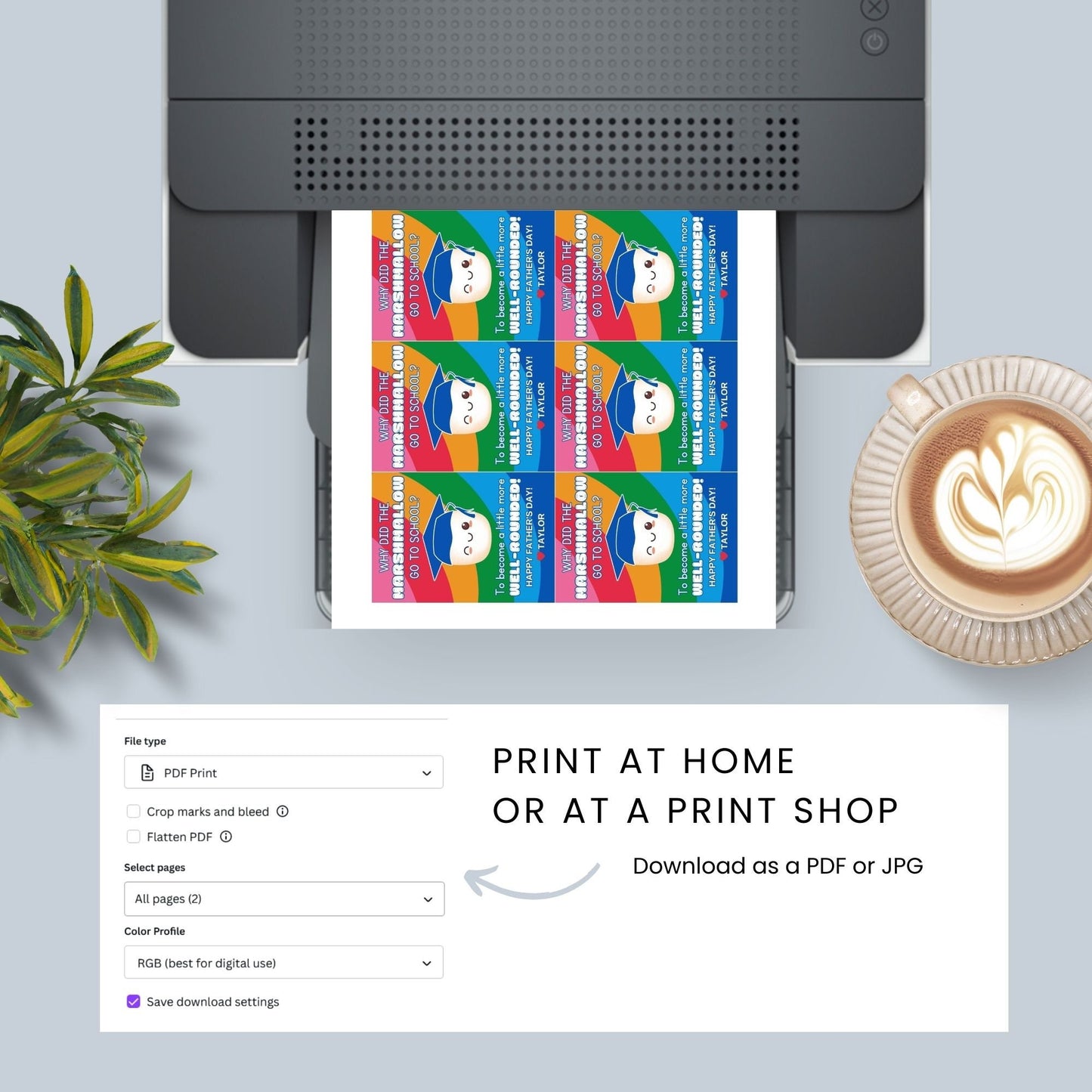 Eight marshmallow-themed Fathers Day gift tags displayed in two rows of four. Each tag features a dad joke about a marshmallow going to school to become more well-rounded, with a customizable name slot.