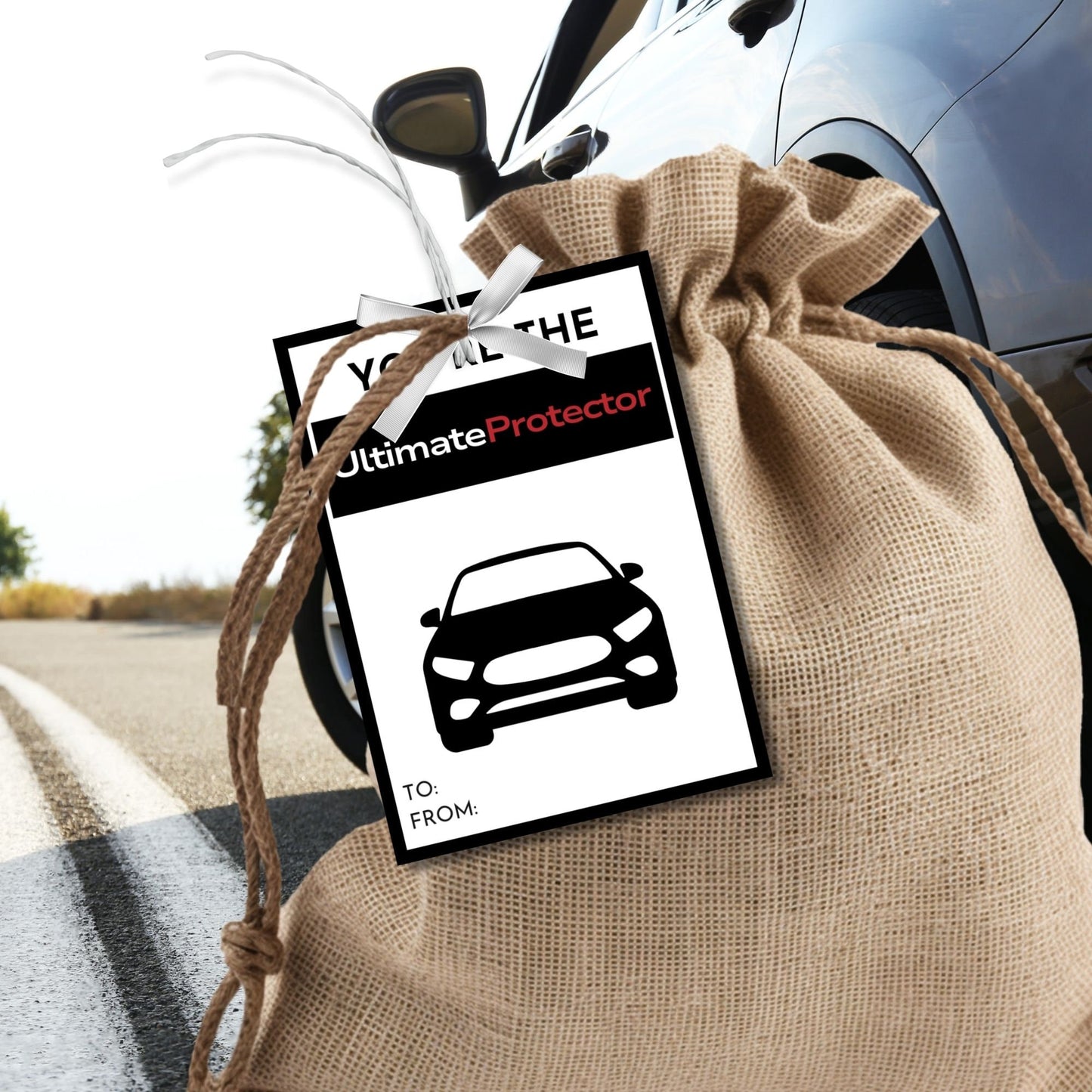 Eight WeatherTech-themed Fathers Day gift tags displayed in two rows of four. Each tag features a message about dad being the ultimate protector with a customizable name slot.