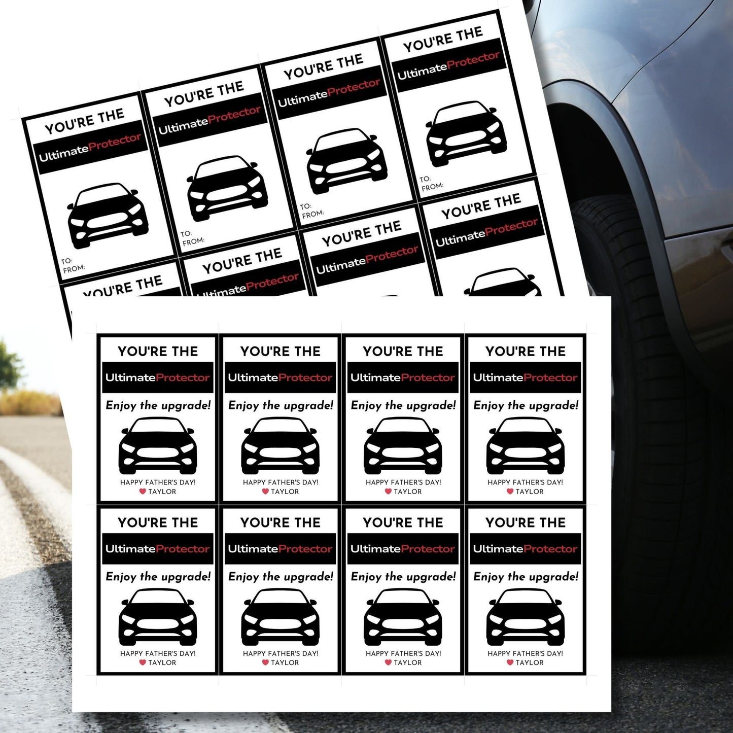Eight WeatherTech-themed Fathers Day gift tags displayed in two rows of four. Each tag features a message about dad being the ultimate protector with a customizable name slot.