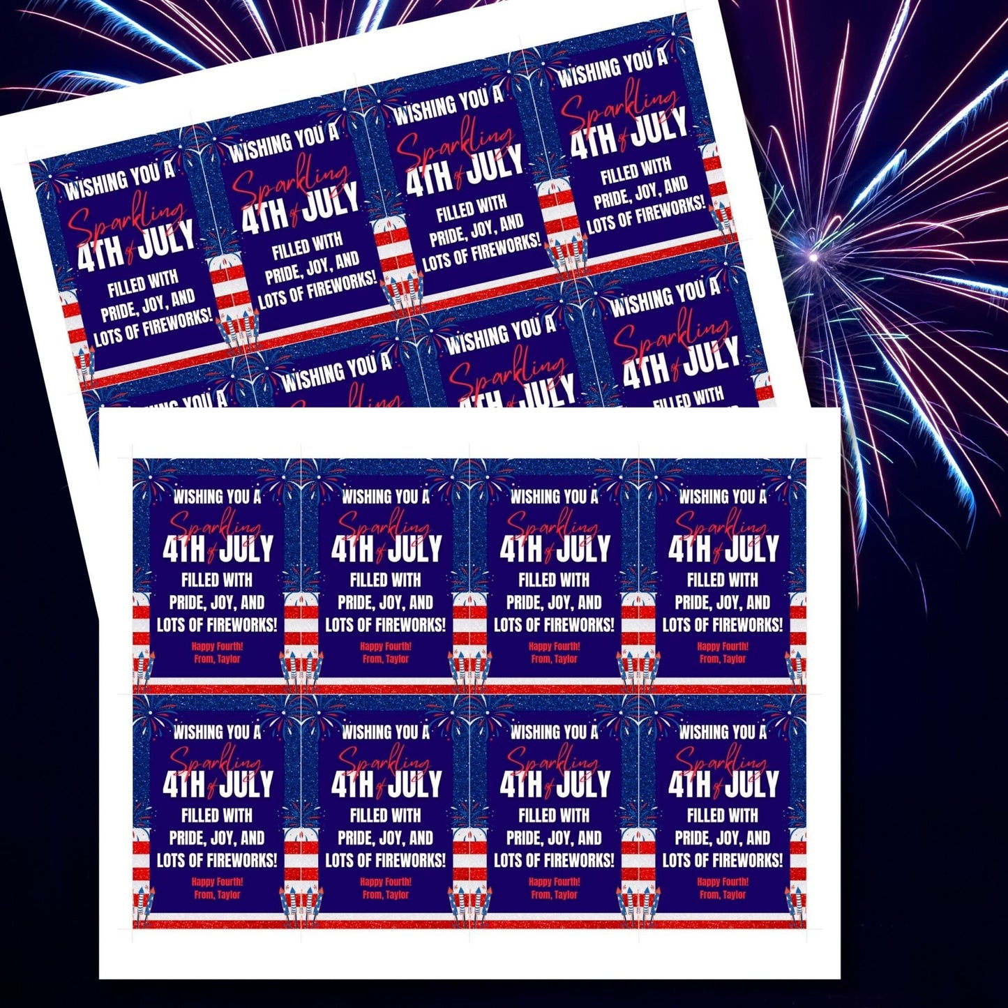 Festive 4th of July printable gift tags featuring patriotic colors, fireworks, and the message Wishing You a Sparkling 4th of July Filled with Pride, Joy, and Lots of Fireworks! Happy Fourth! Perfect for party favors and gifts.