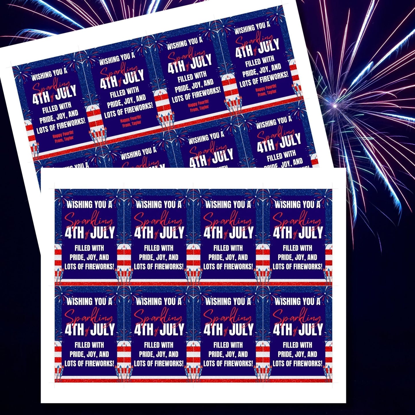 Festive 4th of July printable gift tags featuring patriotic colors, fireworks, and the message Wishing You a Sparkling 4th of July Filled with Pride, Joy, and Lots of Fireworks! Happy Fourth! Perfect for party favors and gifts.