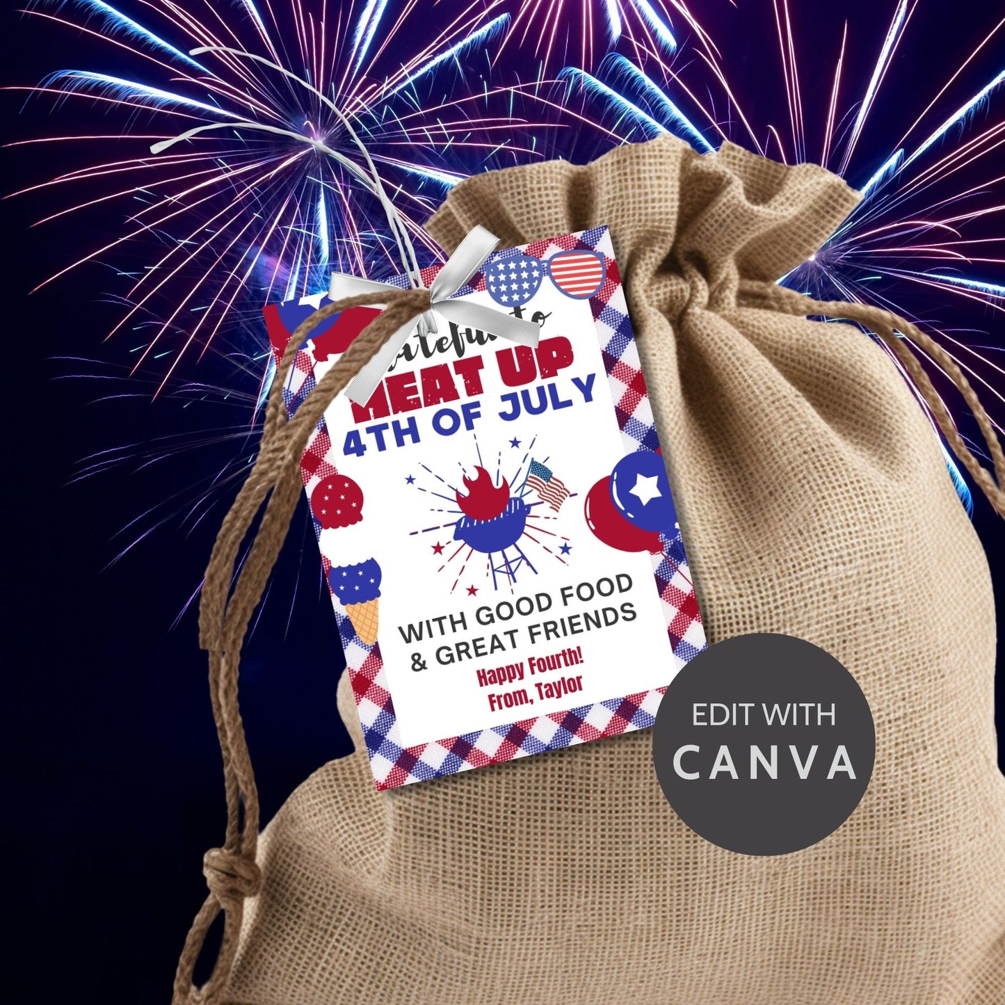 Festive 4th of July printable gift tags featuring patriotic colors, BBQ-themed graphics, and the message Grateful to Heat Up 4th of July with Good Food & Great Friends. Happy Fourth! Perfect for party favors and gifts.