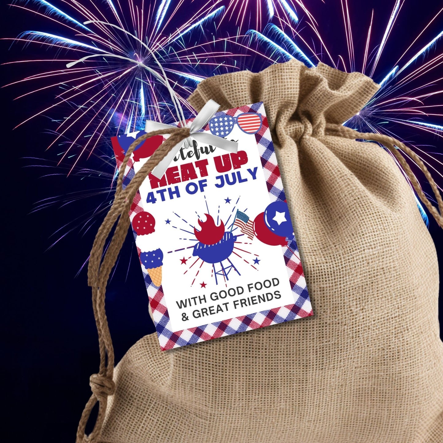 Festive 4th of July printable gift tags featuring patriotic colors, BBQ-themed graphics, and the message Grateful to Heat Up 4th of July with Good Food & Great Friends. Happy Fourth! Perfect for party favors and gifts.