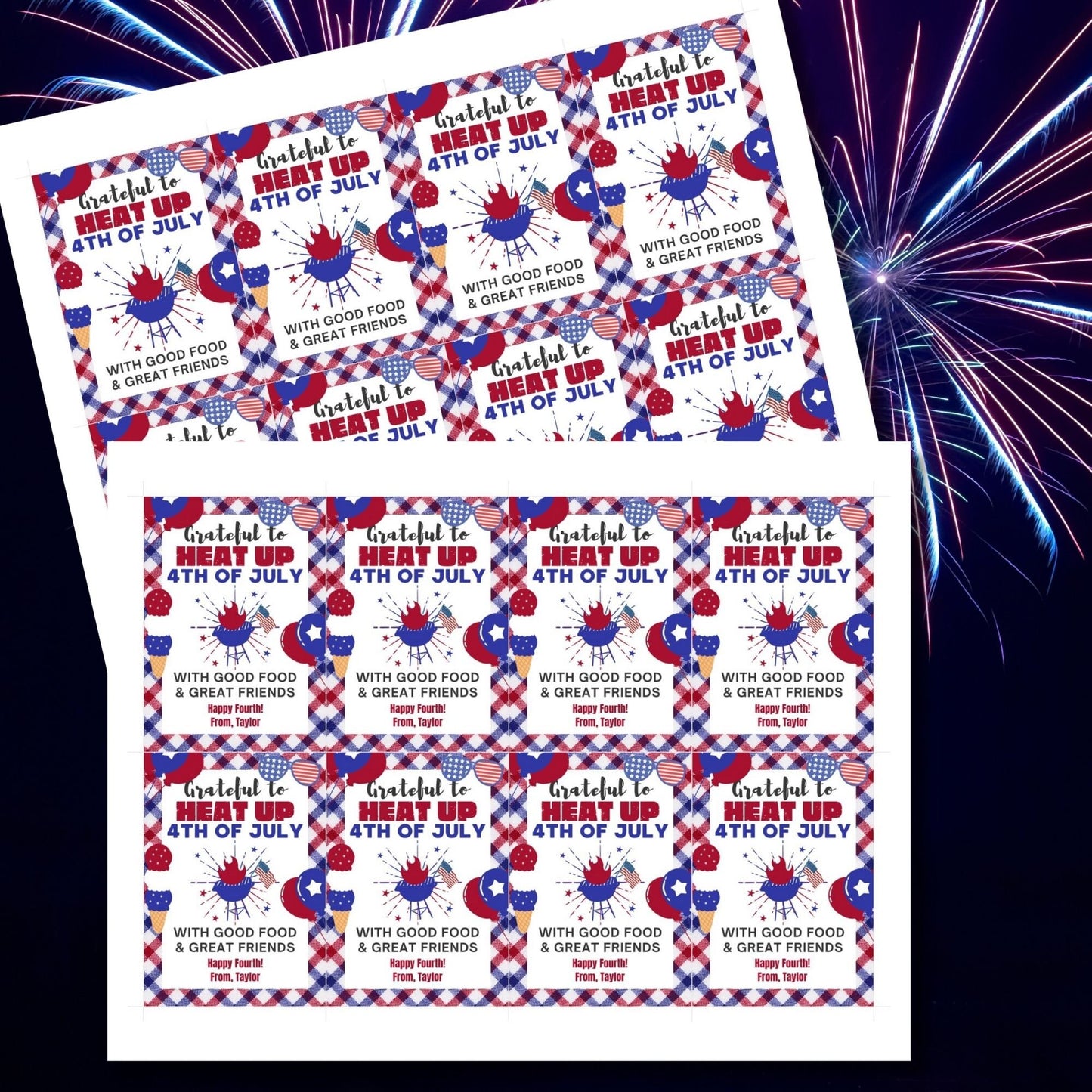 Festive 4th of July printable gift tags featuring patriotic colors, BBQ-themed graphics, and the message Grateful to Heat Up 4th of July with Good Food & Great Friends. Happy Fourth! Perfect for party favors and gifts.
