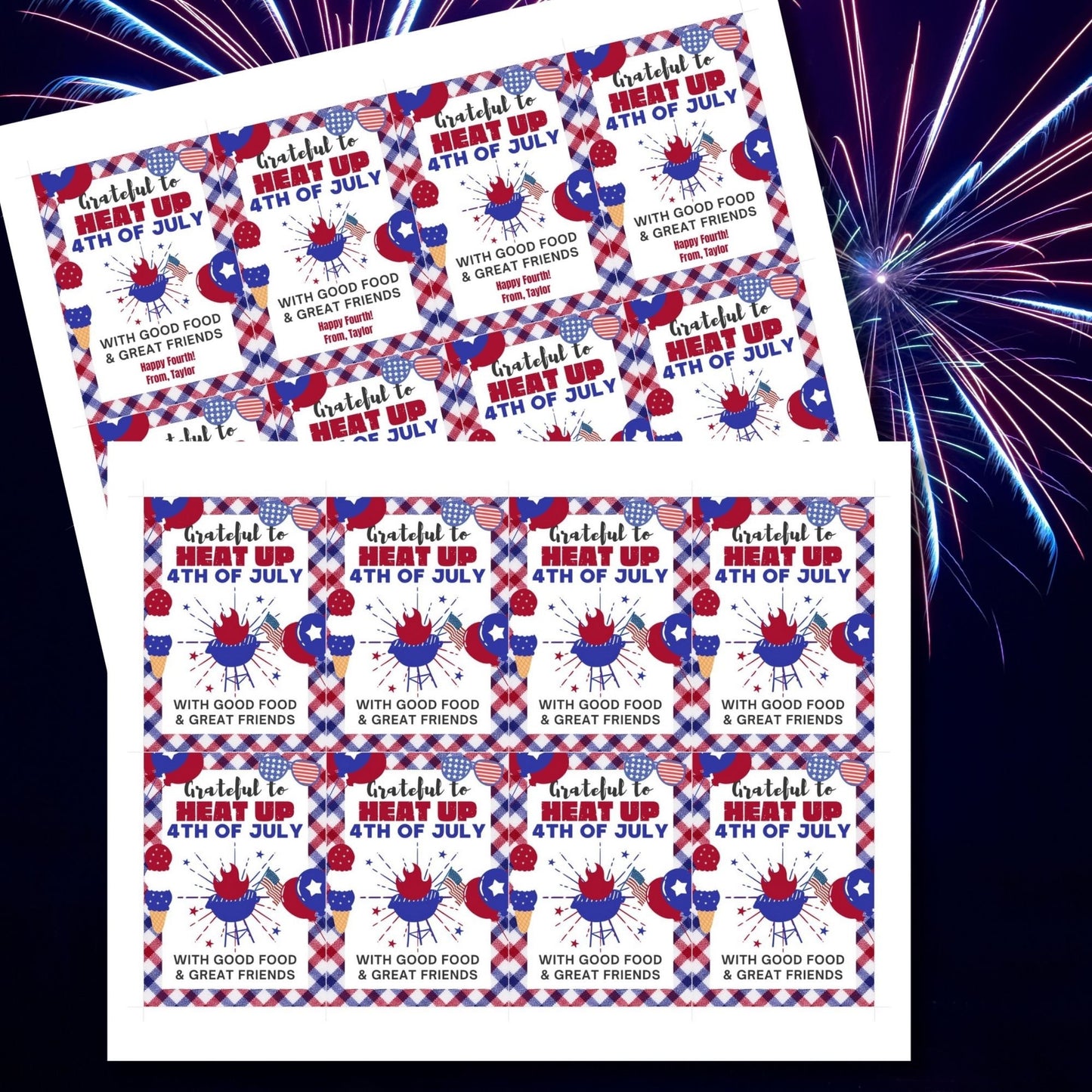 Festive 4th of July printable gift tags featuring patriotic colors, BBQ-themed graphics, and the message Grateful to Heat Up 4th of July with Good Food & Great Friends. Happy Fourth! Perfect for party favors and gifts.