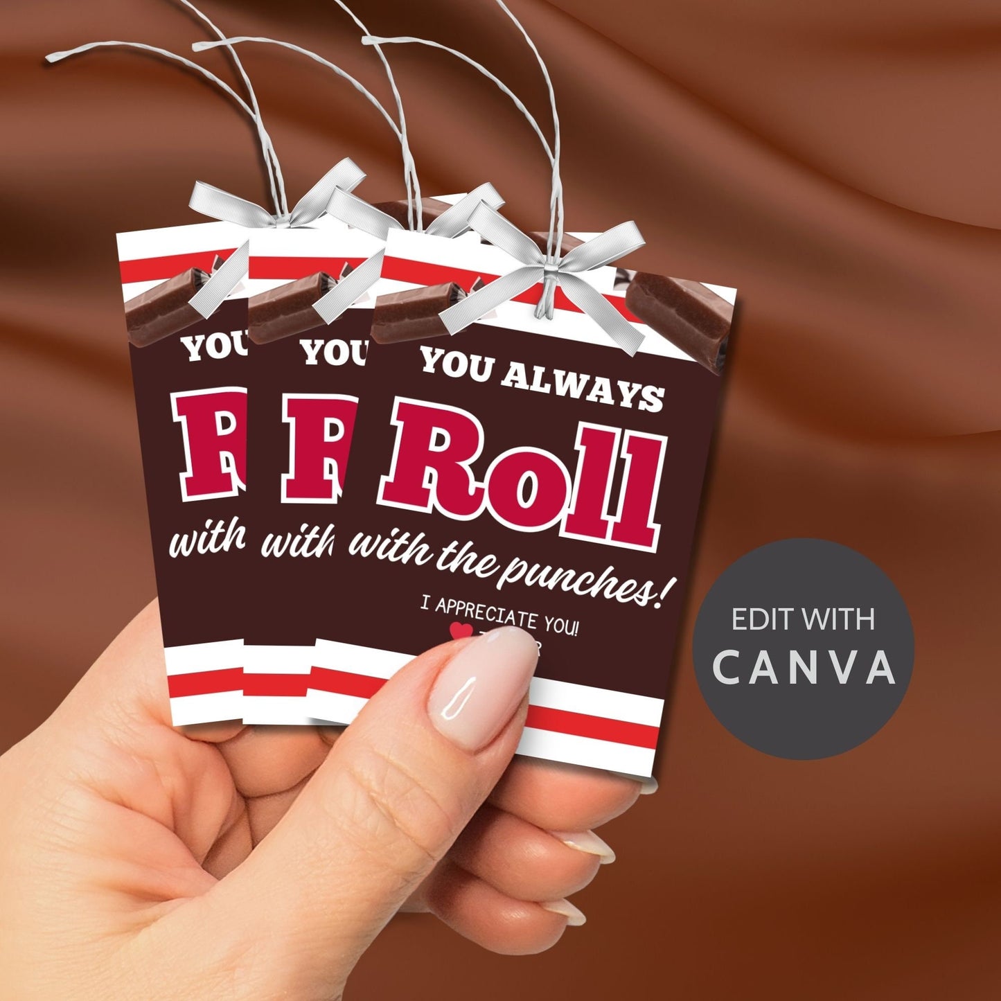 Image showcasing YOU ALWAYS Roll with the punches! Tags express gratitude with customizable names. Perfect for appreciation gifts to dads, teachers, staff, and more.