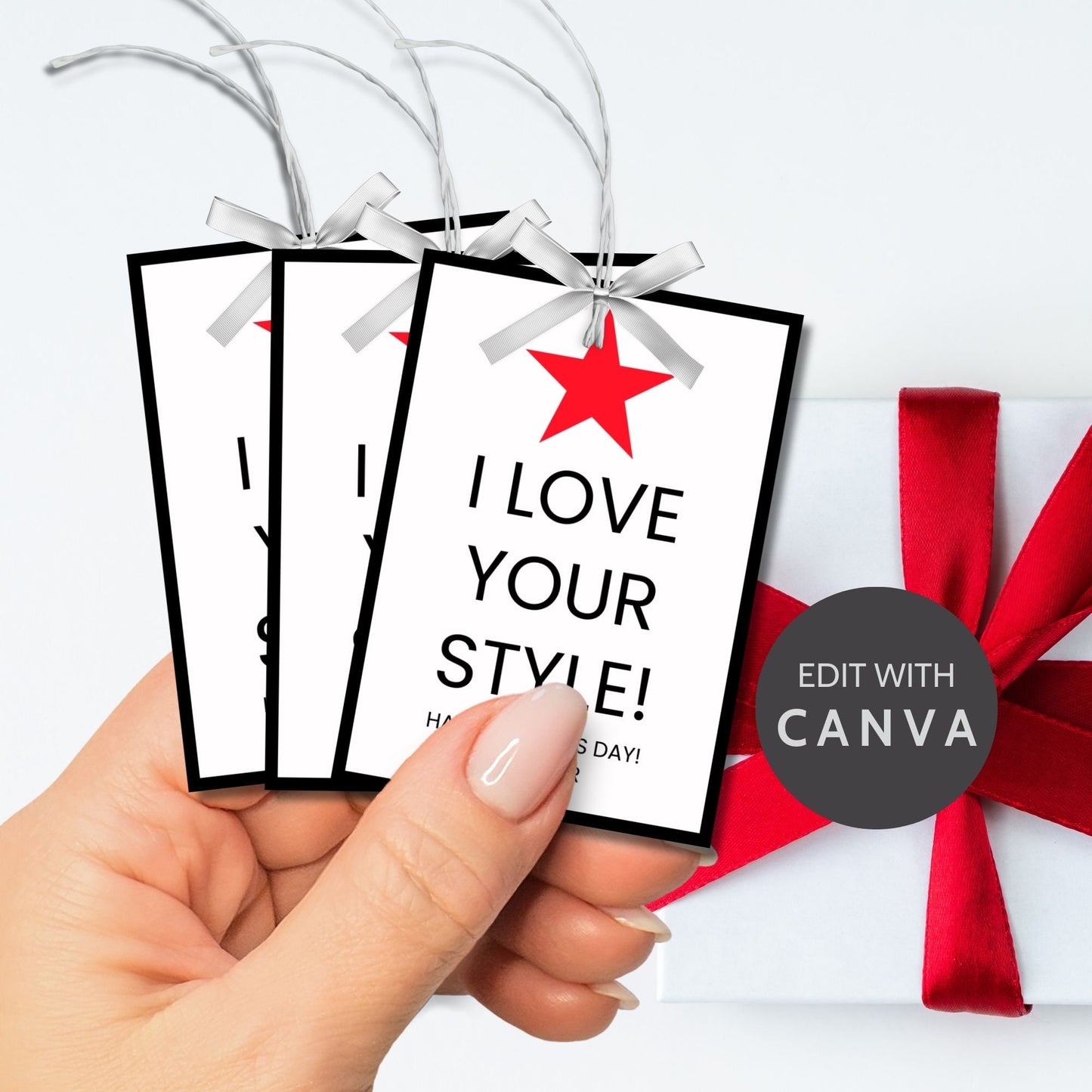 Eight Macys-themed Fathers Day gift tags displayed in two rows of four. Each tag features a message about loving dads style, with a customizable name slot and a red star icon.