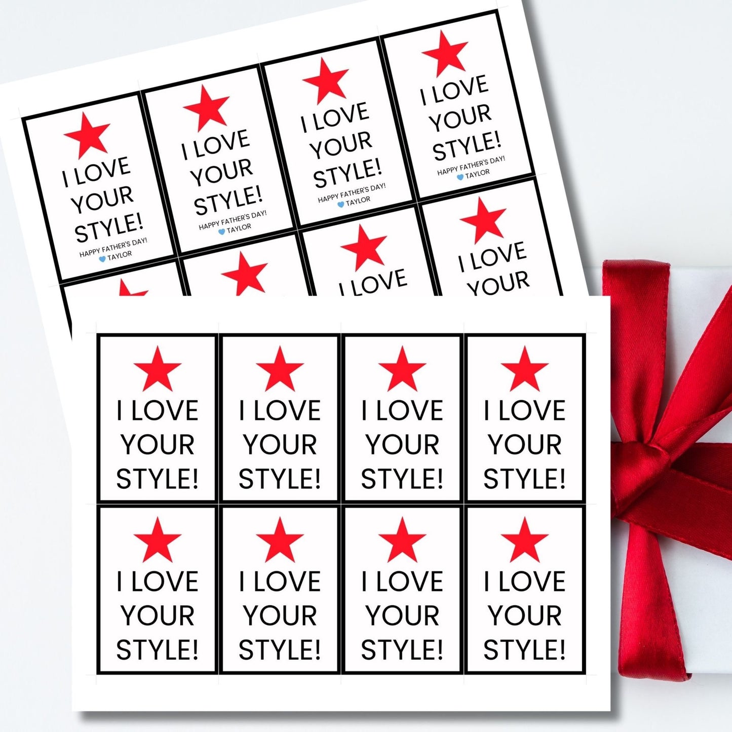Eight Macys-themed Fathers Day gift tags displayed in two rows of four. Each tag features a message about loving dads style, with a customizable name slot and a red star icon.