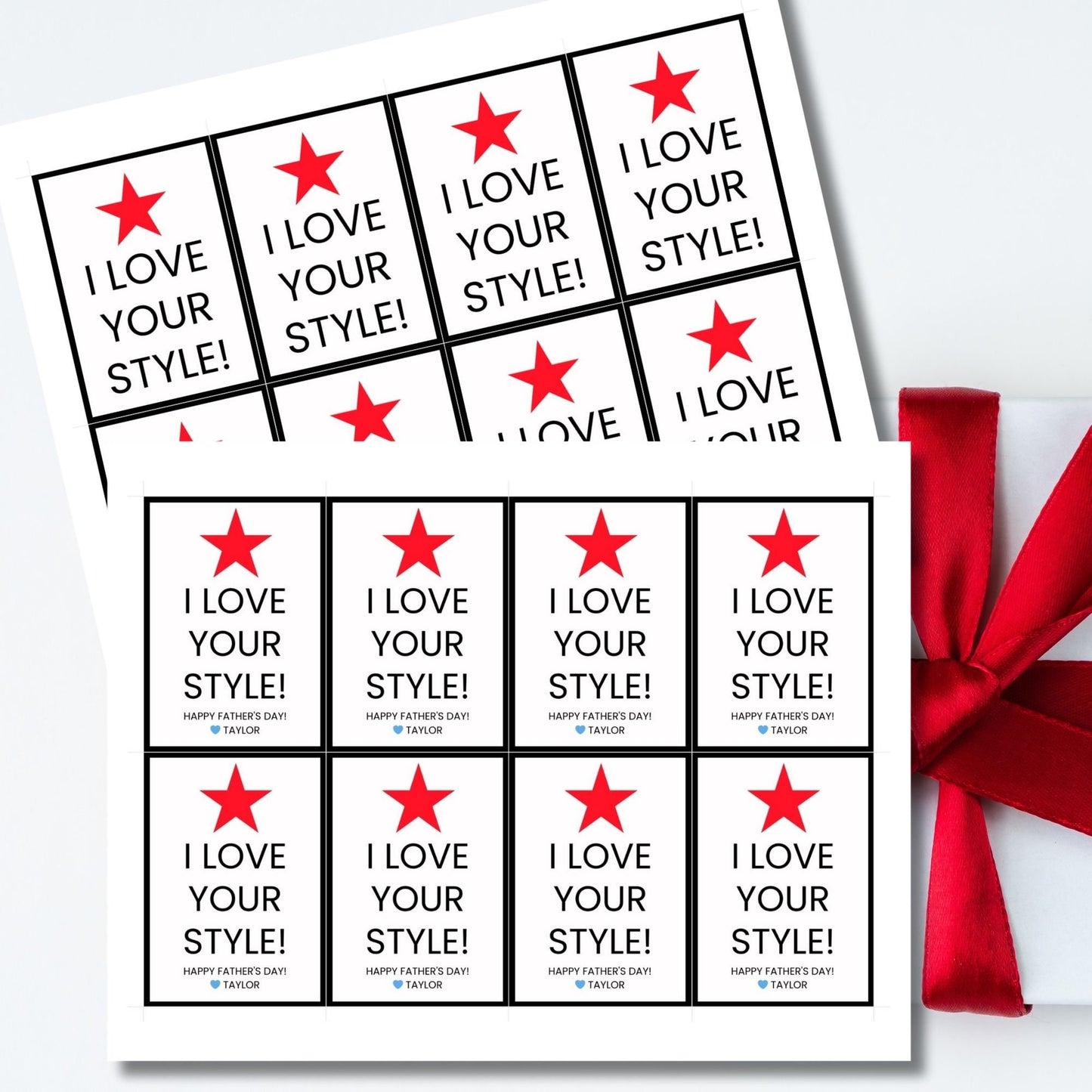 Eight Macys-themed Fathers Day gift tags displayed in two rows of four. Each tag features a message about loving dads style, with a customizable name slot and a red star icon.