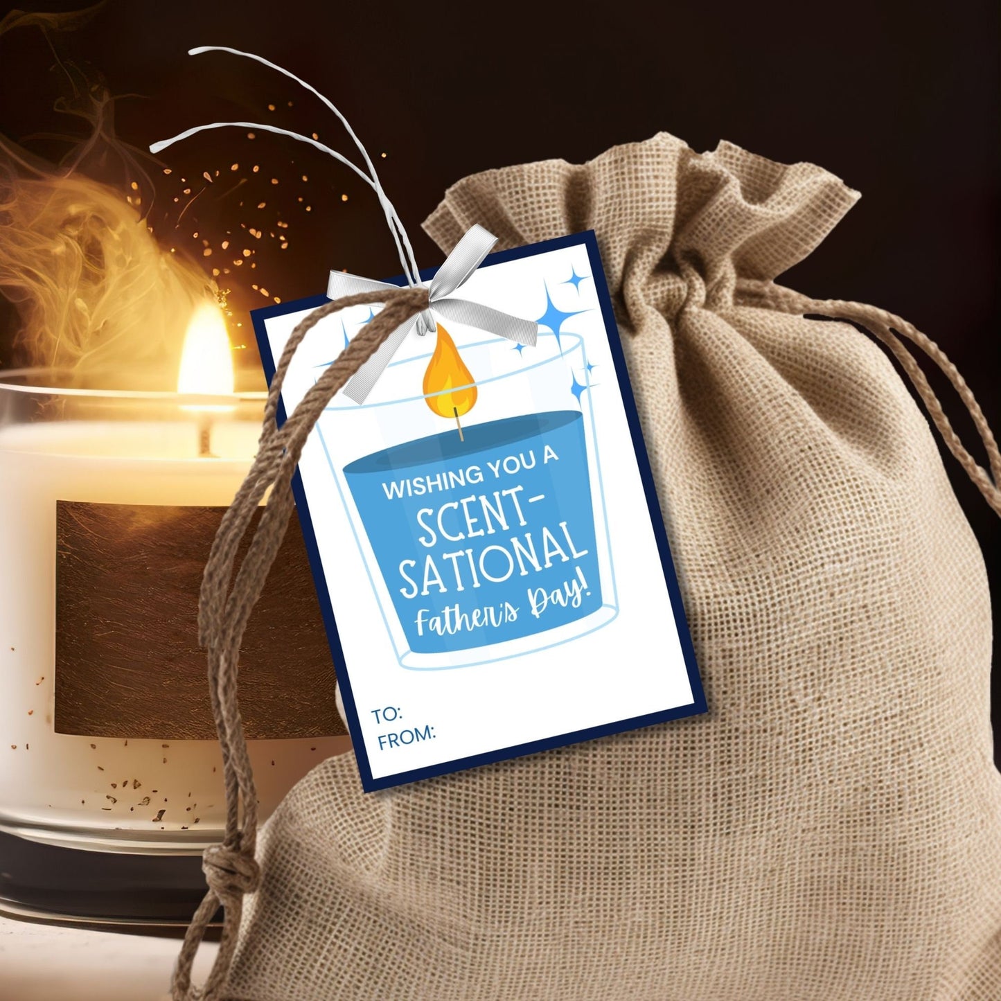 Eight candle-themed Fathers Day gift tags displayed in two rows of four. Each tag features a message about wishing dad a scent-sational Father's Day, with a customizable name slot and an illustration of a candle.