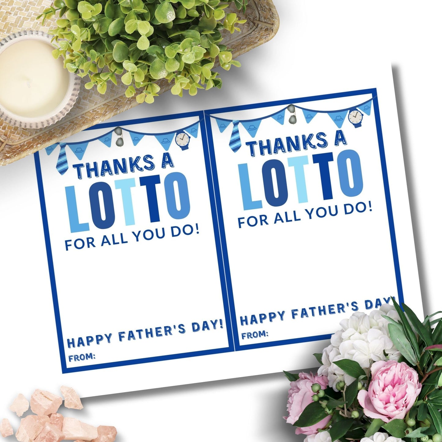 Thanks a LOTTO for all you do! Father's Day printable card in blue and white, featuring festive banners and clocks. Text fields for a personalized message. Designed for 5x7 format on an 8.5x11 layout.