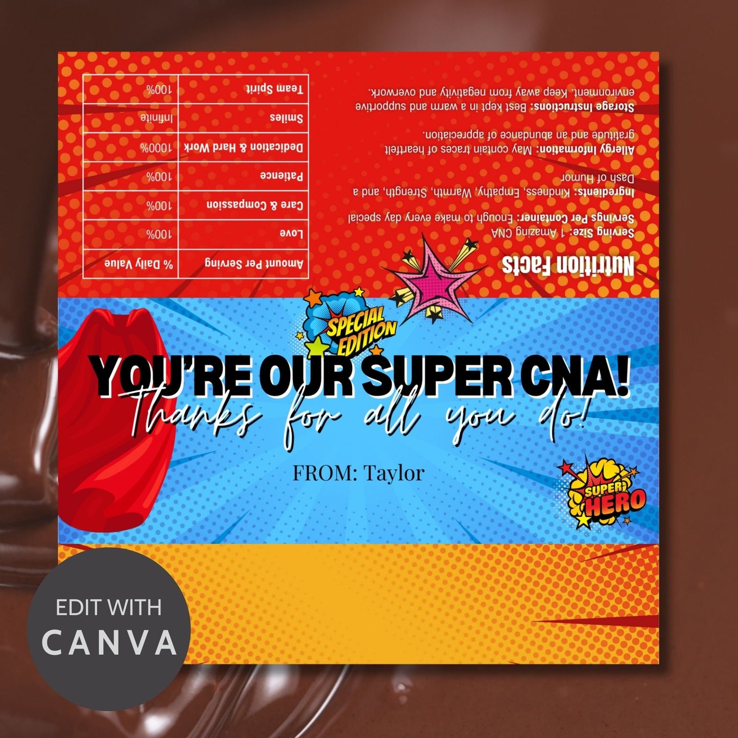 Printable chocolate bar wrapper for CNA Week with a colorful comic-book style design, reading Youre our Super CNA! Thanks for all you do! in bold text.