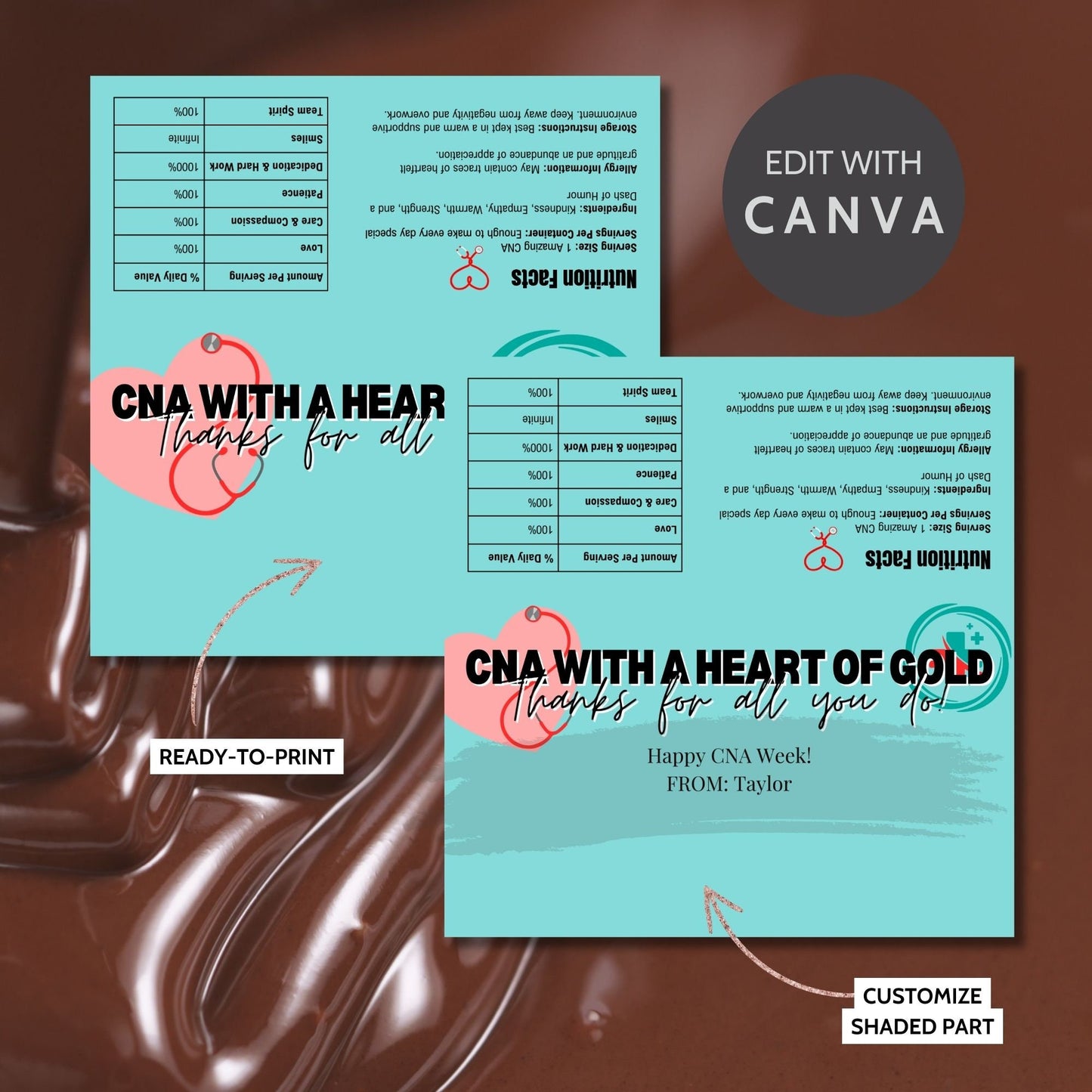 Printable chocolate bar wrapper for CNA Week with a charming pastel design, reading CNA with a Heart of Gold. Thanks for all you do! in bold text.