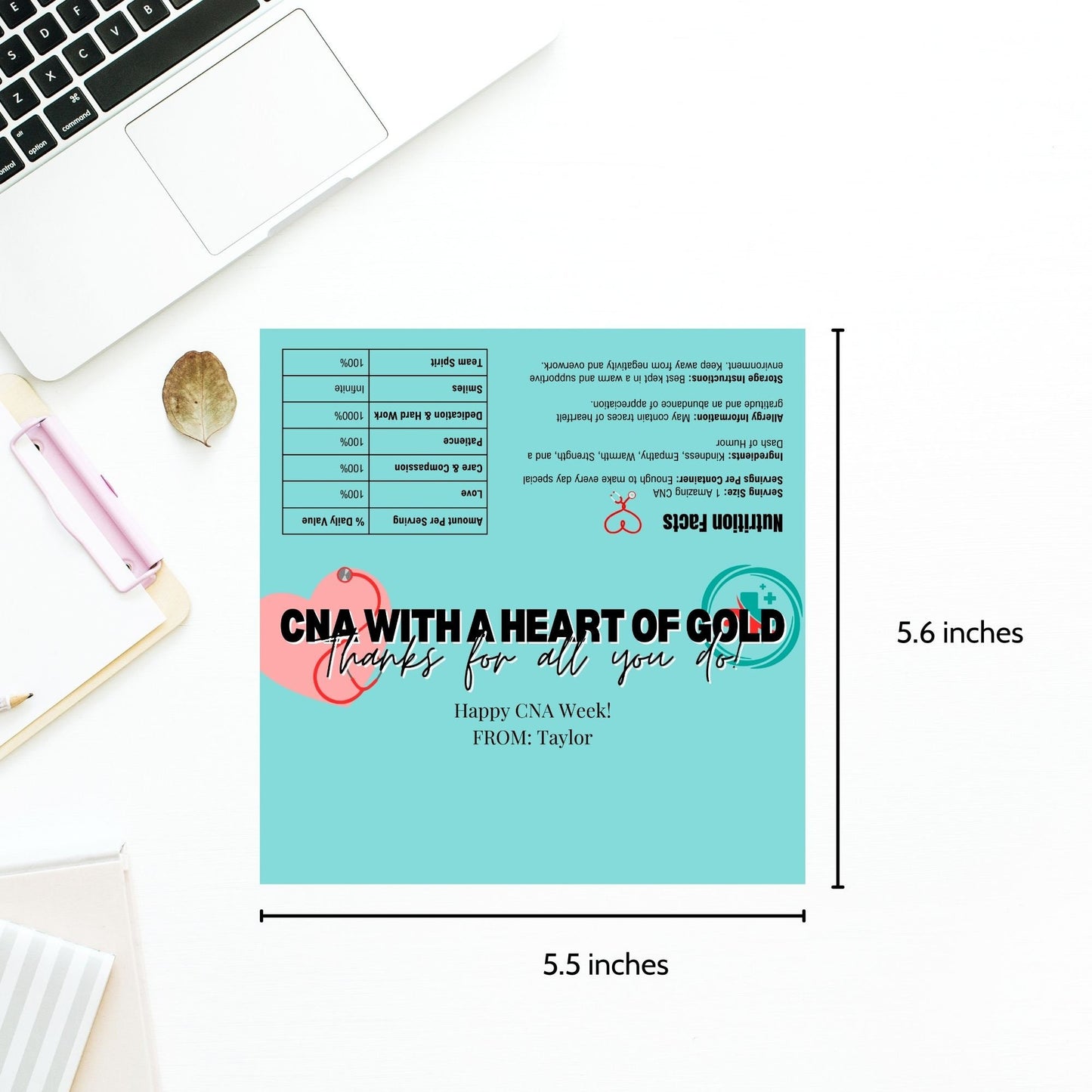 Printable chocolate bar wrapper for CNA Week with a charming pastel design, reading CNA with a Heart of Gold. Thanks for all you do! in bold text.