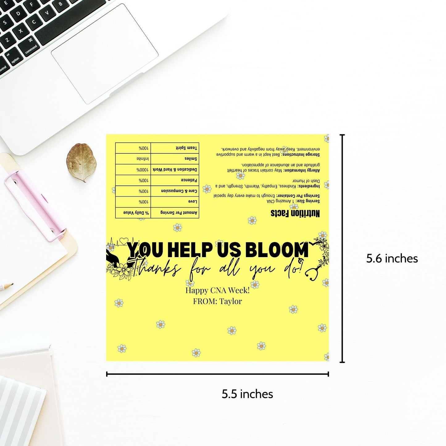 Printable chocolate bar wrapper for CNA Week with a charming floral design, reading You Help Us Bloom. Thanks for all you do! in bold text.