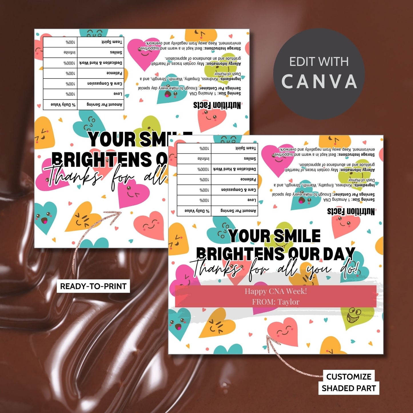 Printable chocolate bar wrapper for CNA Week with a colorful and playful design, reading Your Smile Brightens Our Day. Thanks for all you do! in bold text.
