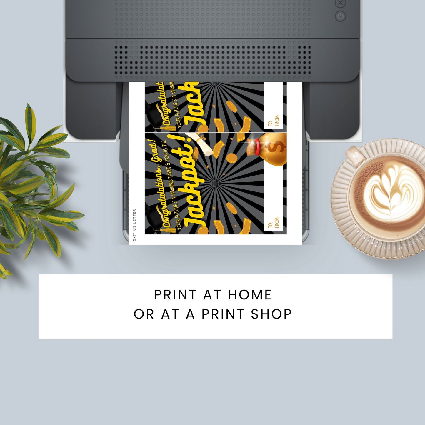 Printable 5x7 inch lotto or scratchers card holder for graduates, with a design featuring a graduation cap, gold coins, a diploma, and a money bag. Perfect for adding a fun and memorable touch to graduation gifts.